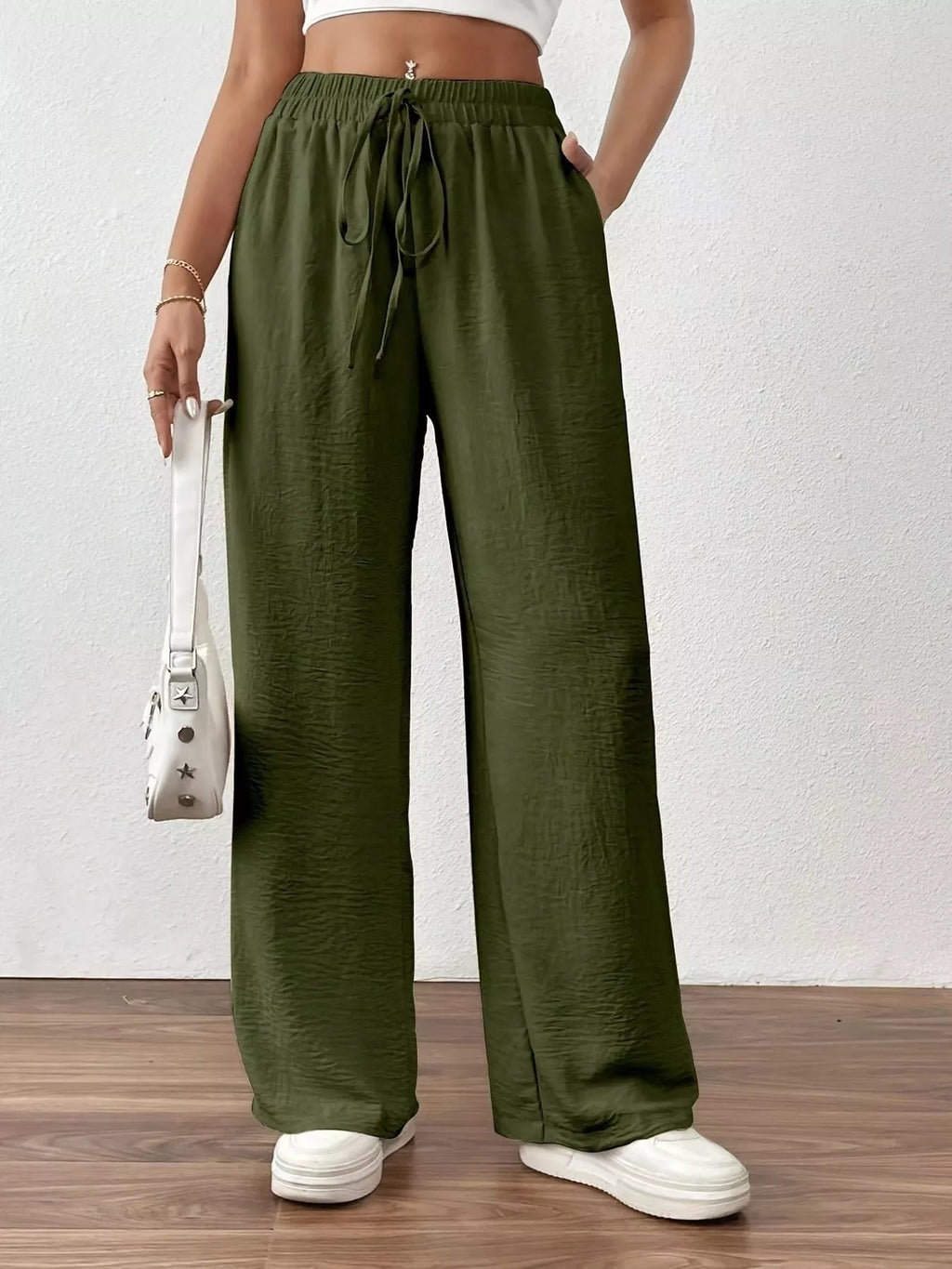 Casual Drawstring Wide Leg Pants