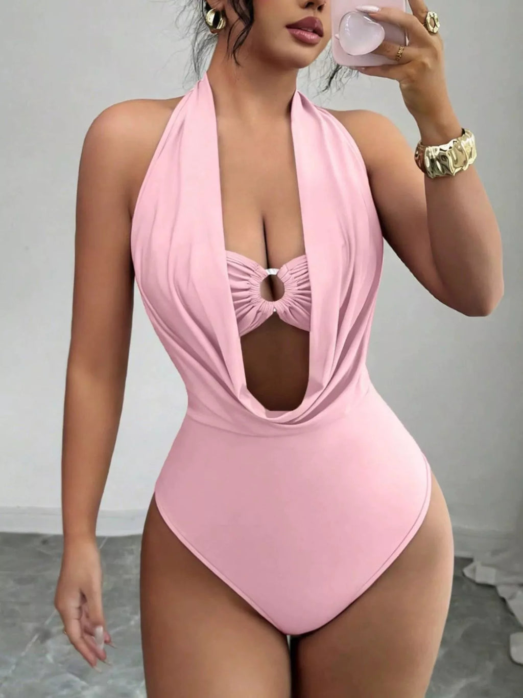 Halter Neck Ruched Ring Detail Bodysuit