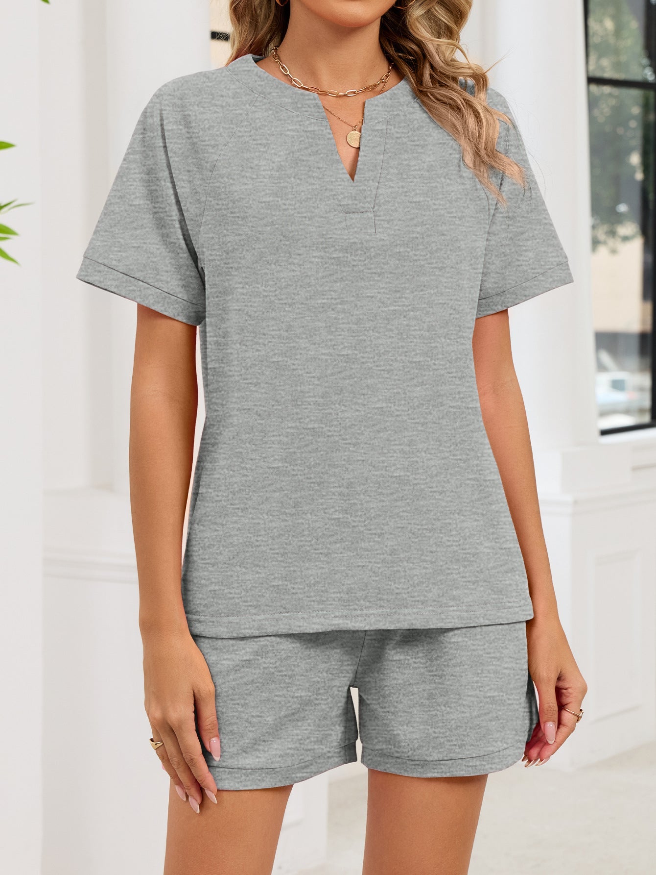 Notched Short Sleeve Top and Shorts Set