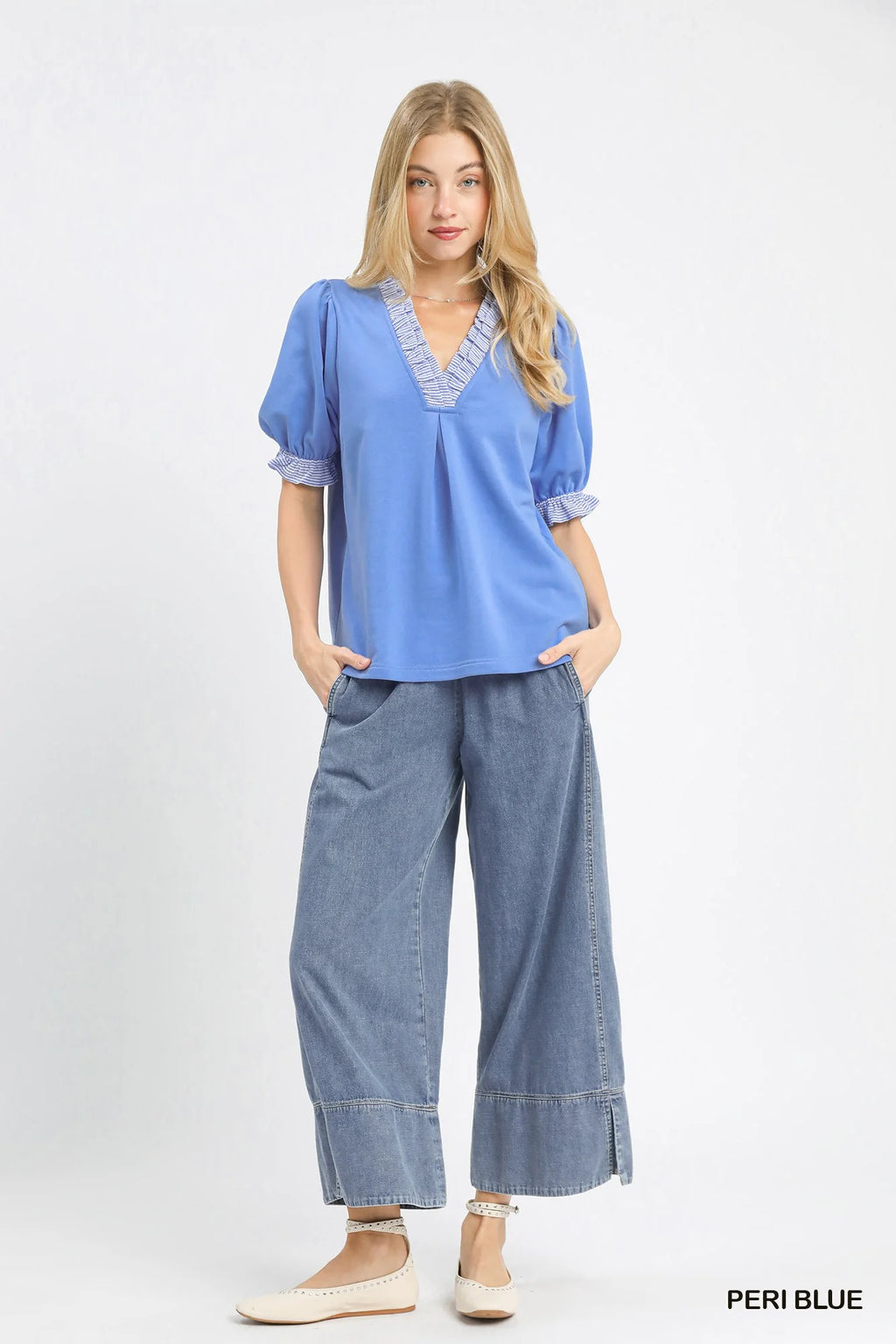 Umgee French Terry Ruffle Trim Puff Sleeve Top