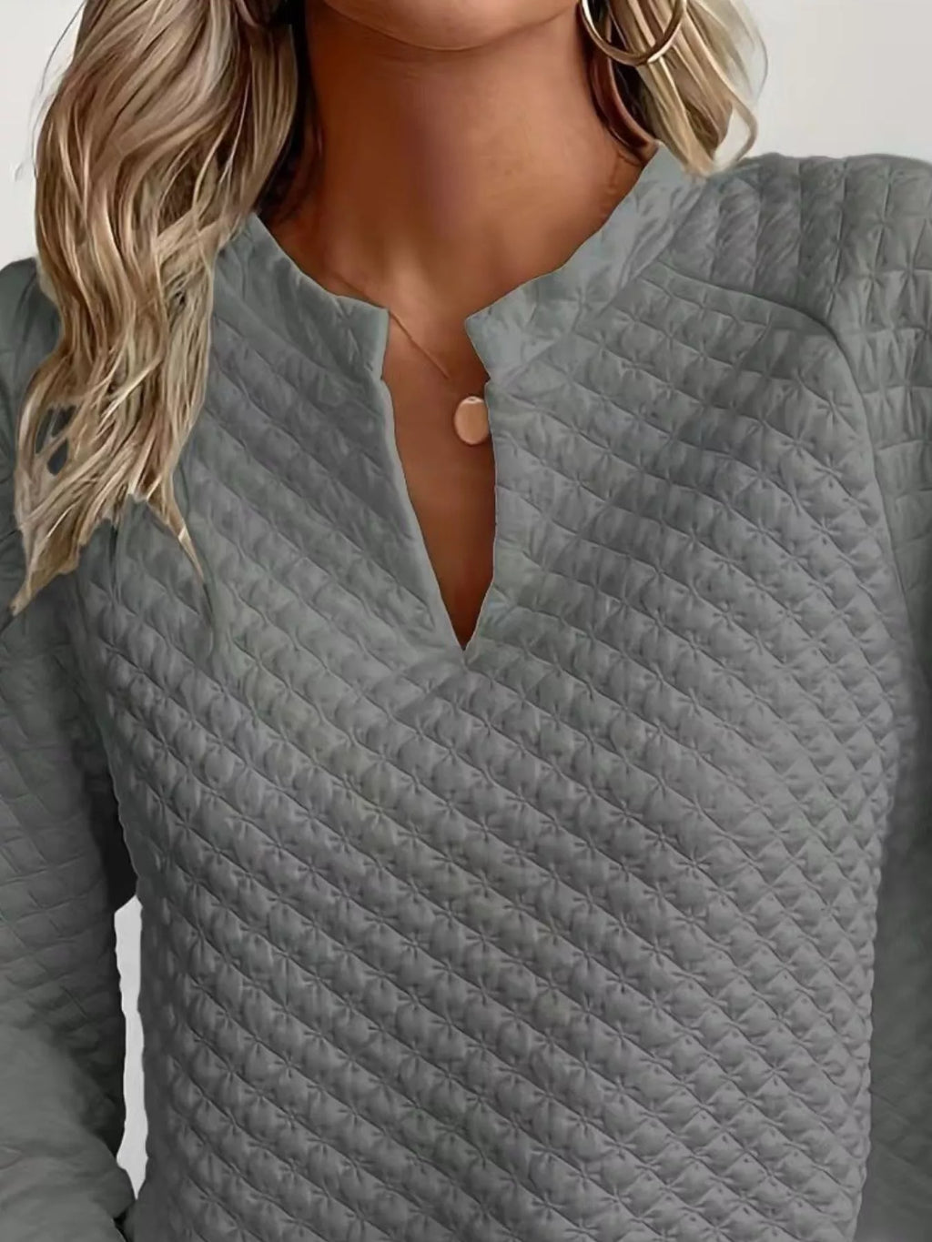 Quilted Texture Long Sleeve Sweatshirt with Notched Neck