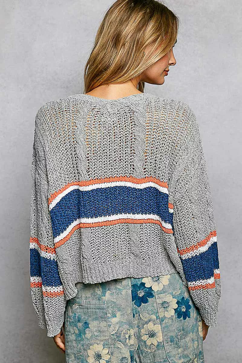 POL V-Neck Striped Pattern Cropped Knit Top with Cable Knit Detail