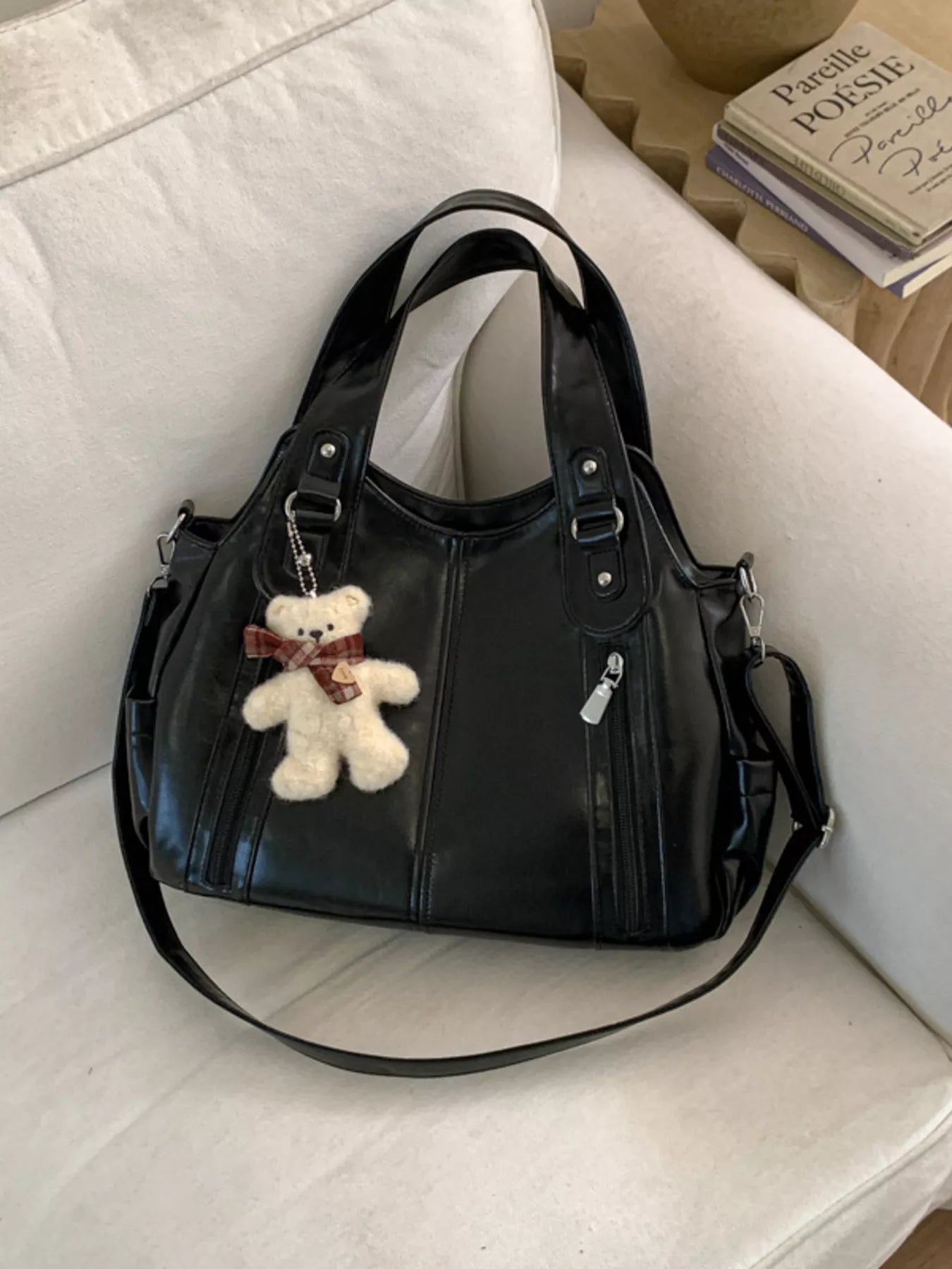 Leather Shoulder Bag with Bear Charm