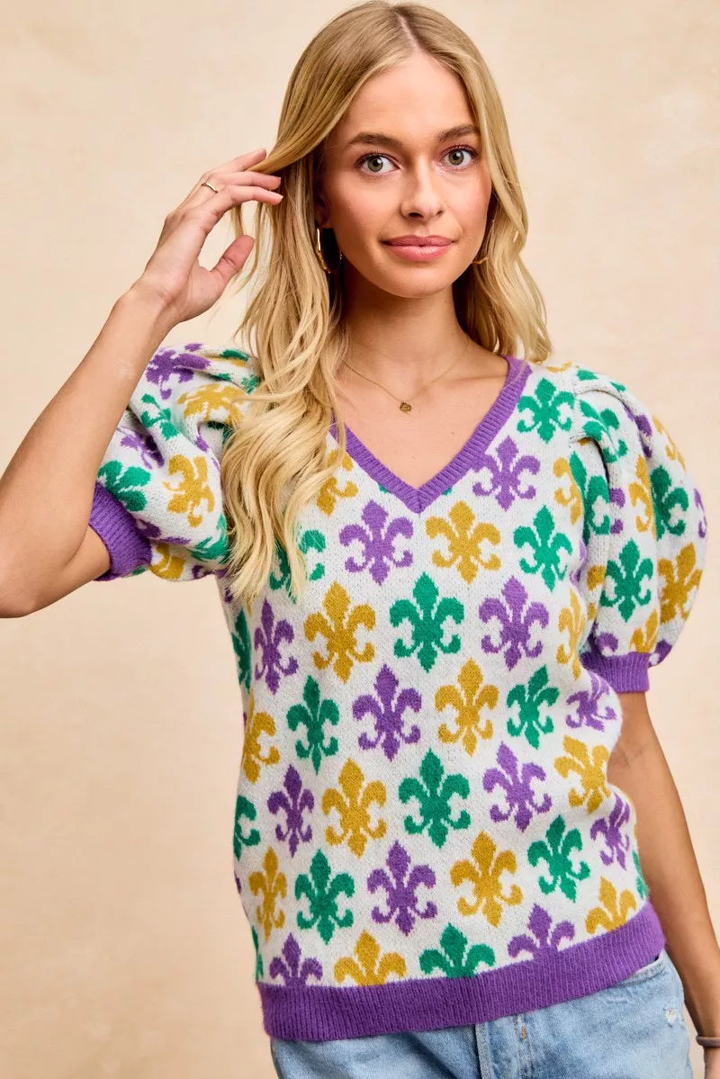 BiBi Mardi Gras Fleur De Lis Patterned V Neck Knit Top