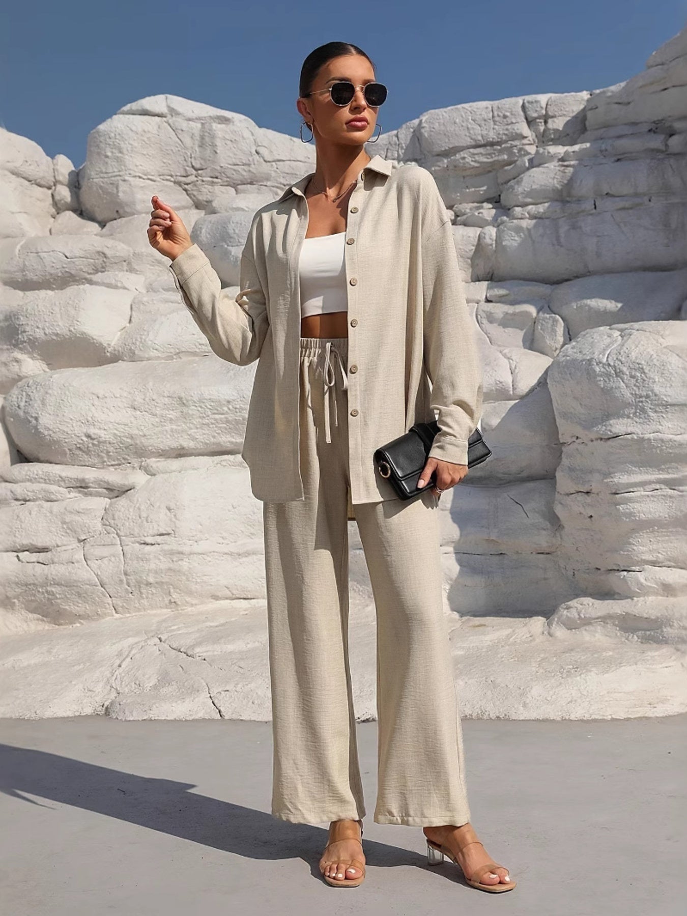 Button Up Long Sleeve Shirt and Pants Set