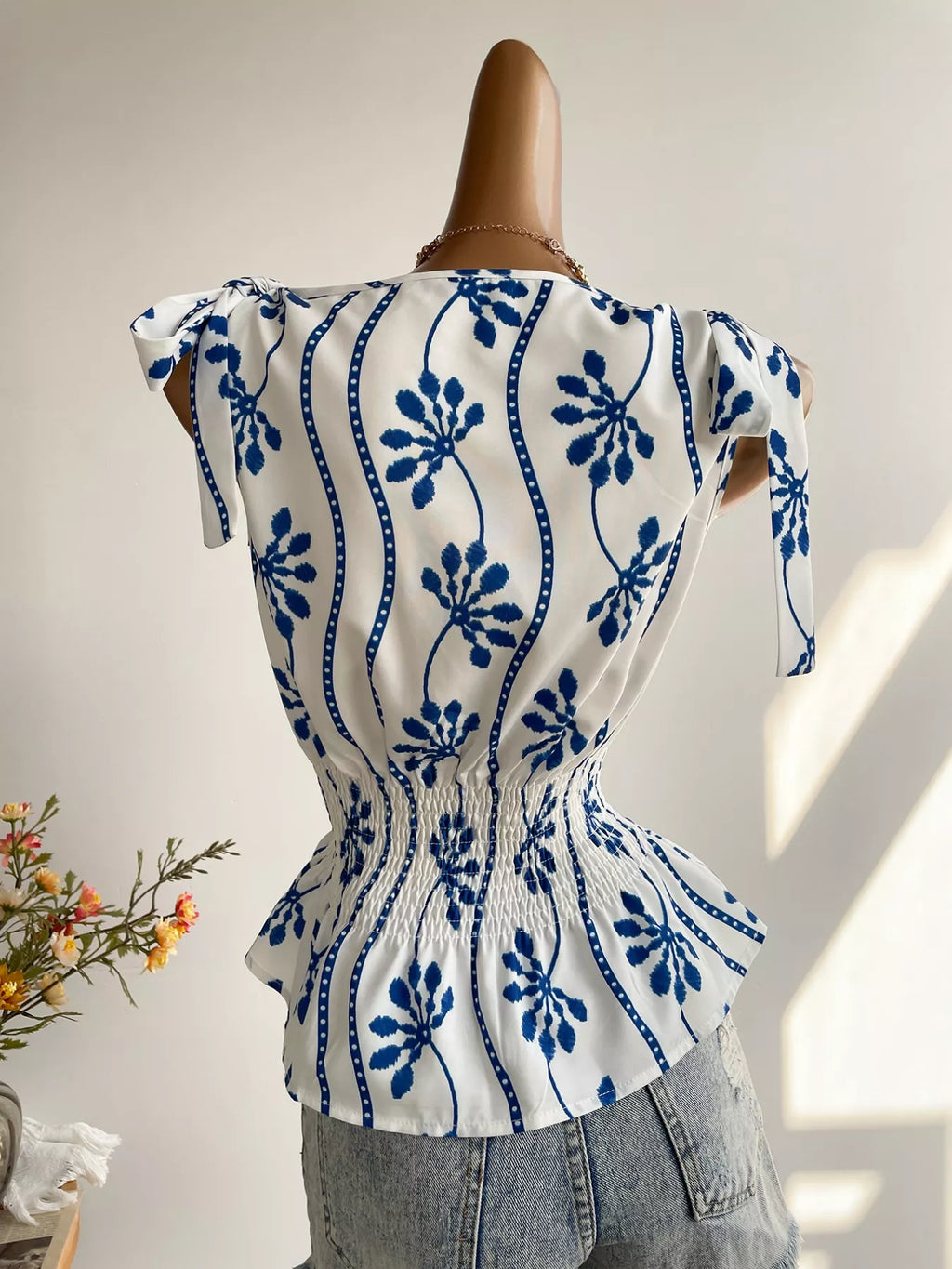 Smocked Tie Shoulder Blouse