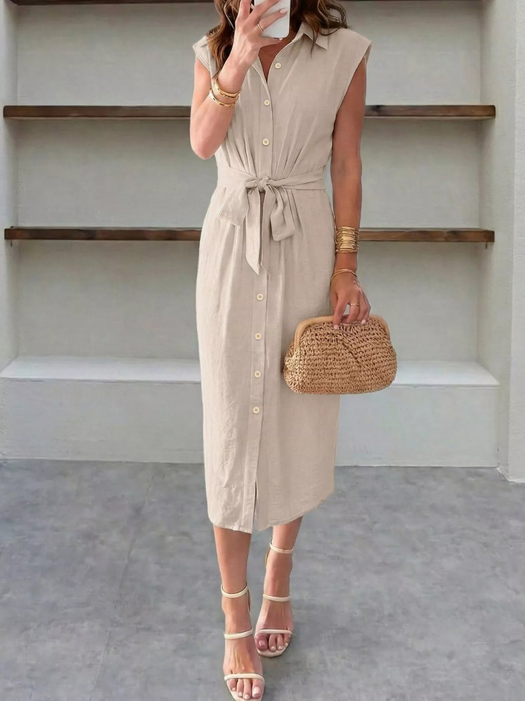 Sleeveless Button-Down Tie Waist Midi Dress