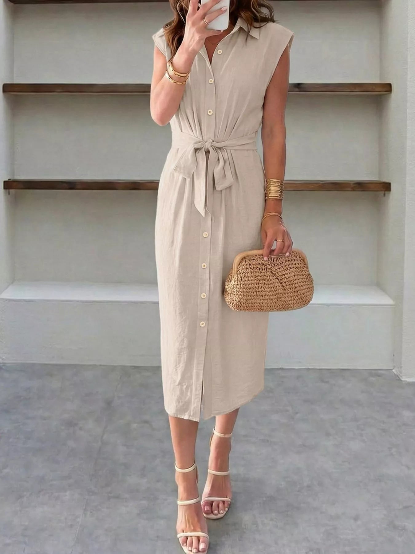 Sleeveless Button-Down Tie Waist Midi Dress