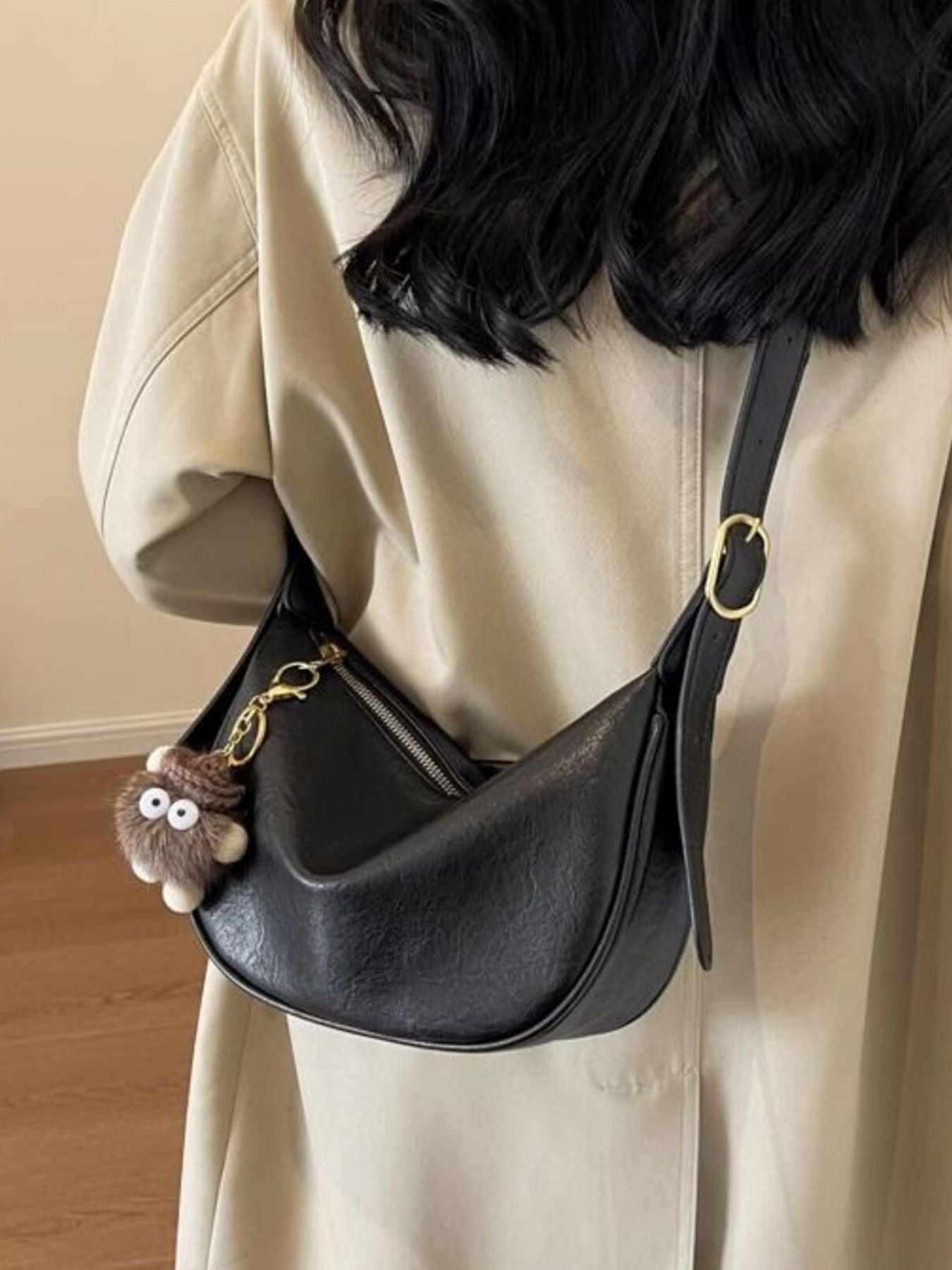 Crescent Shoulder Bag with Plush Charm