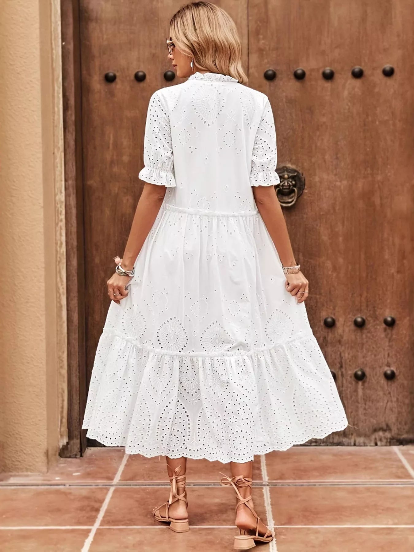 Eyelet Tie Neck Half Sleeve Midi Dress