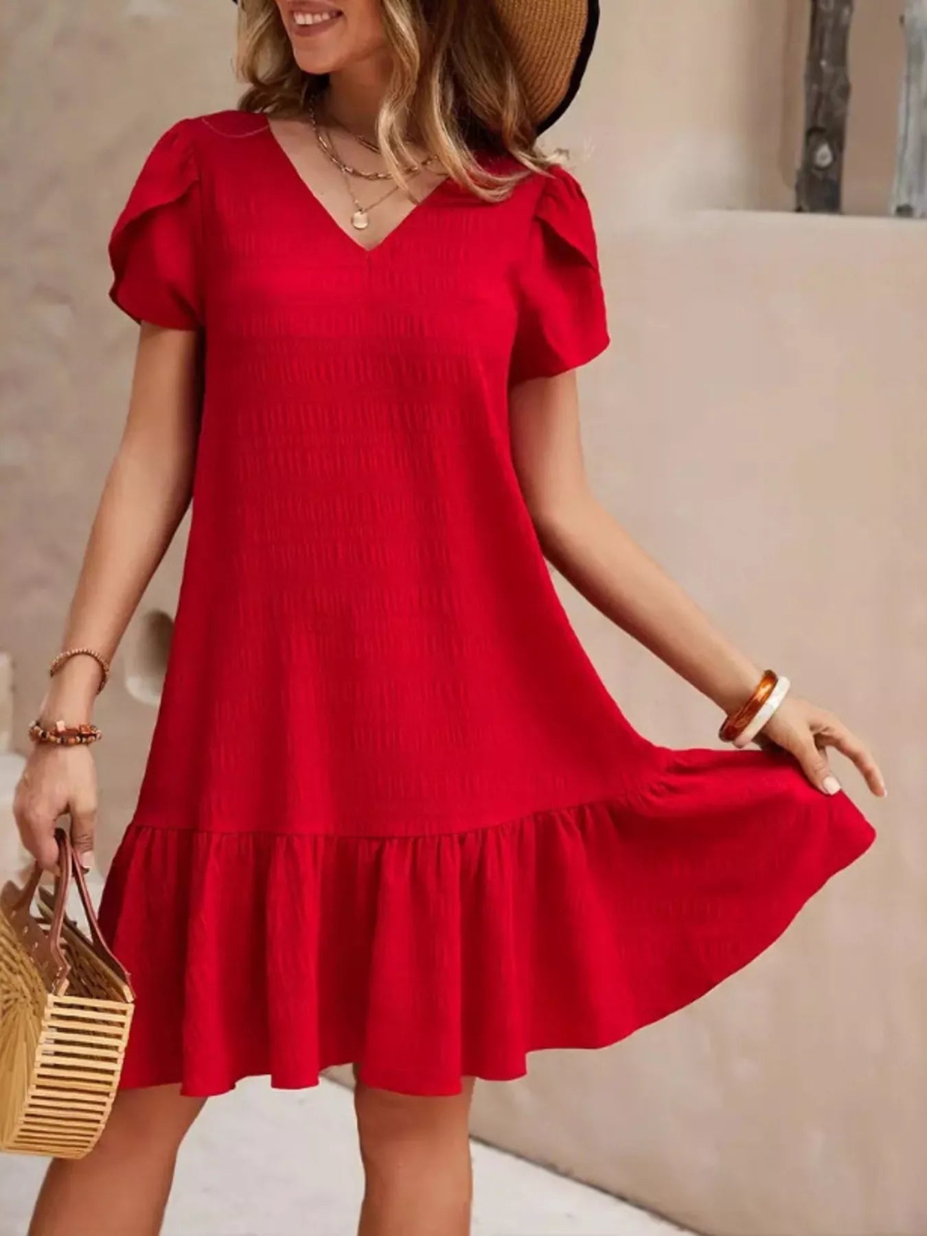 V-Neck Ruffle Hem Textured Mini Dress