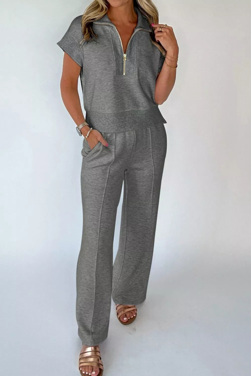 Half Zip Polo Tee Casual Pant Set