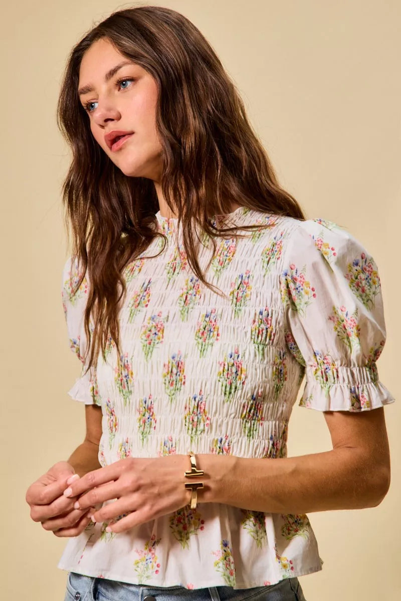 SO ME Floral Cotton Smocked Short Sleeves Blouse