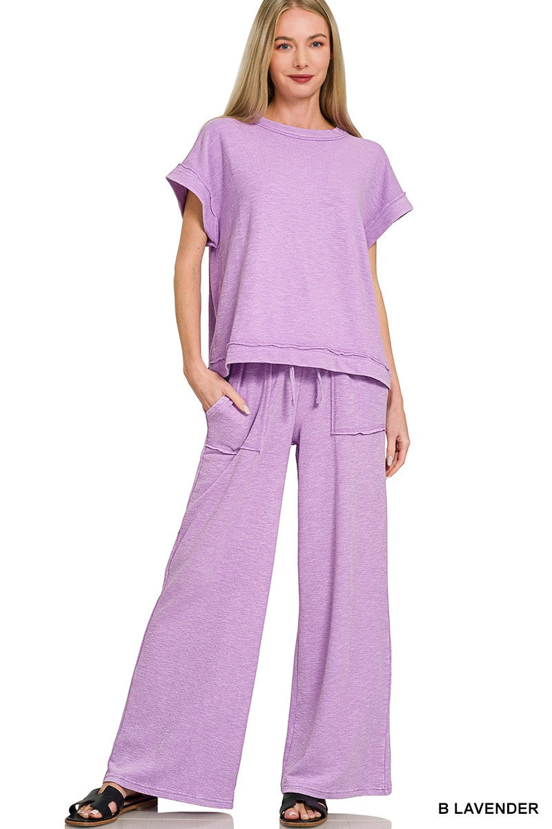 Zenana Washed Slub Short Sleeve Tee & Long Pants Set