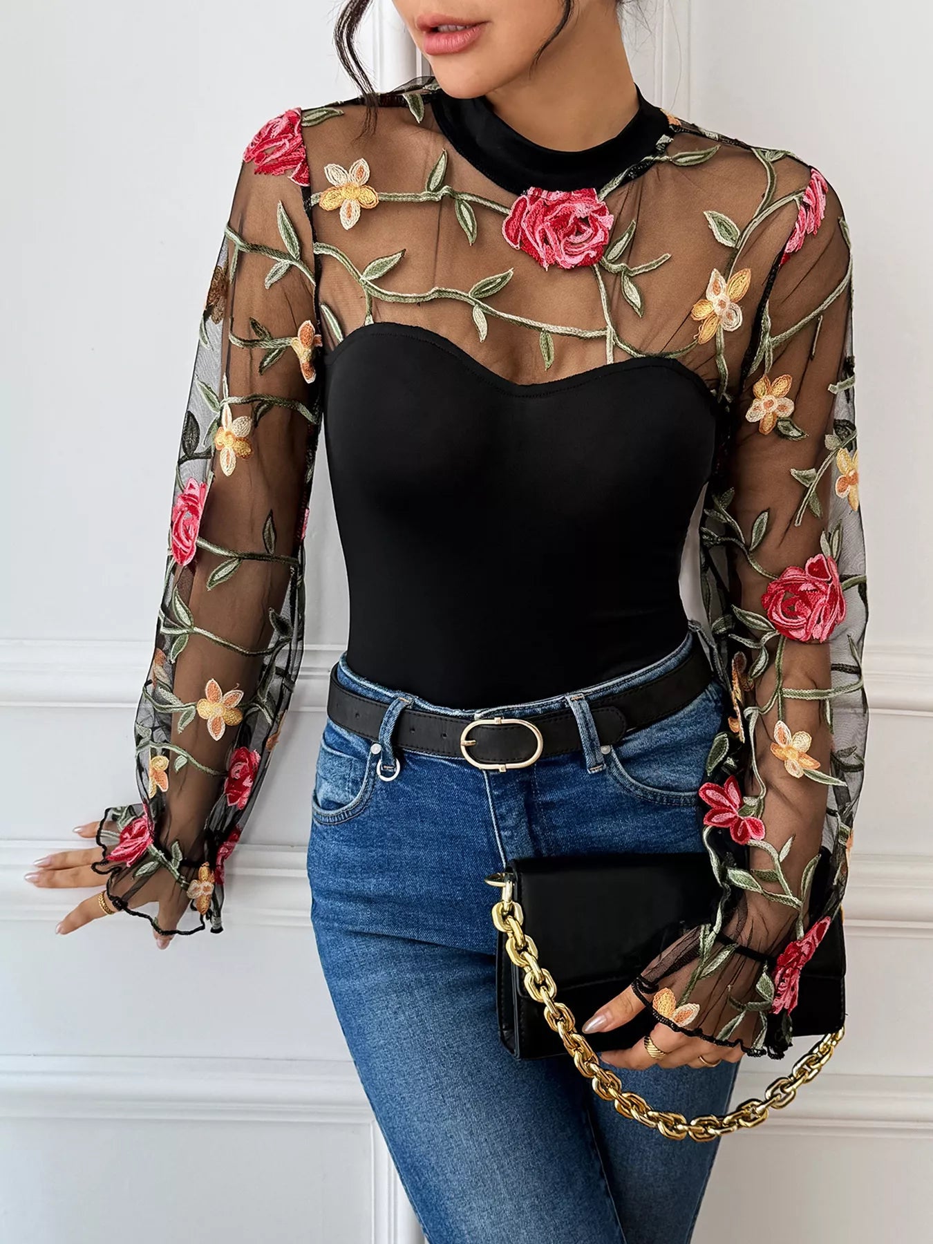 Floral Embroidered Mesh Long Sleeve Bodysuit