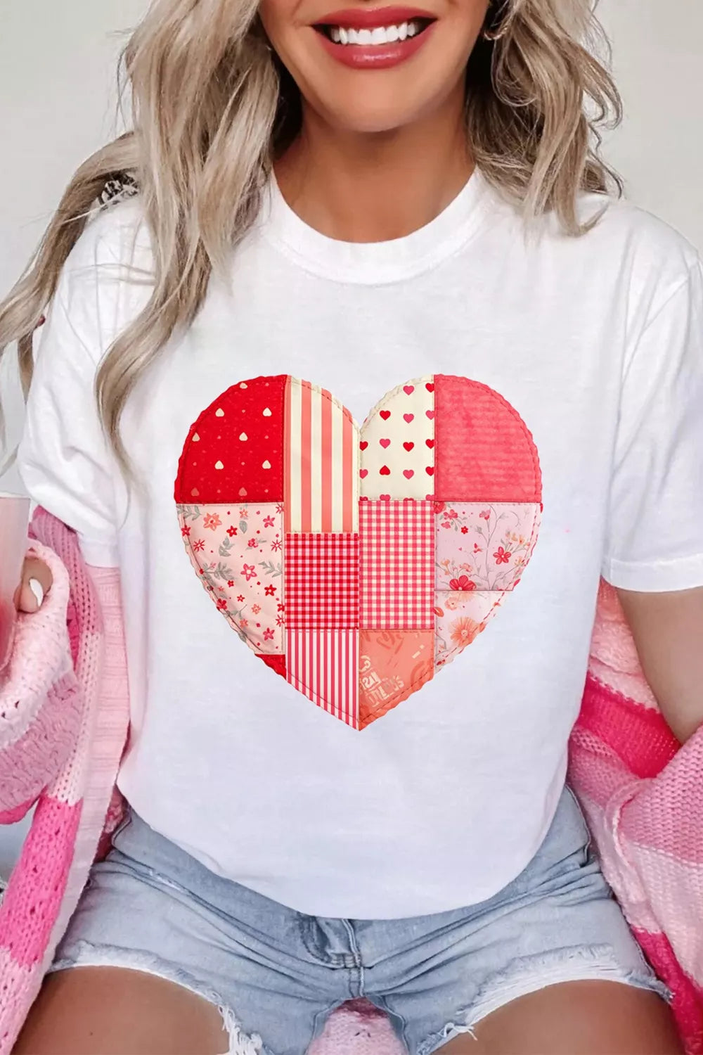 Floral Plaid Mixed Patchwork Heart-shape Graphic T Shirt