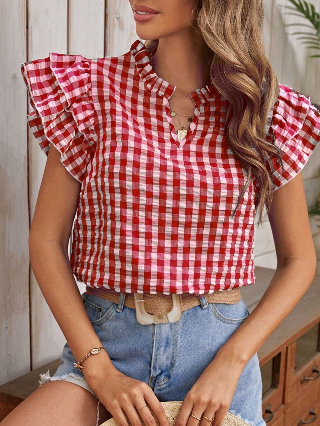 Gingham Ruffle Sleeve Blouse