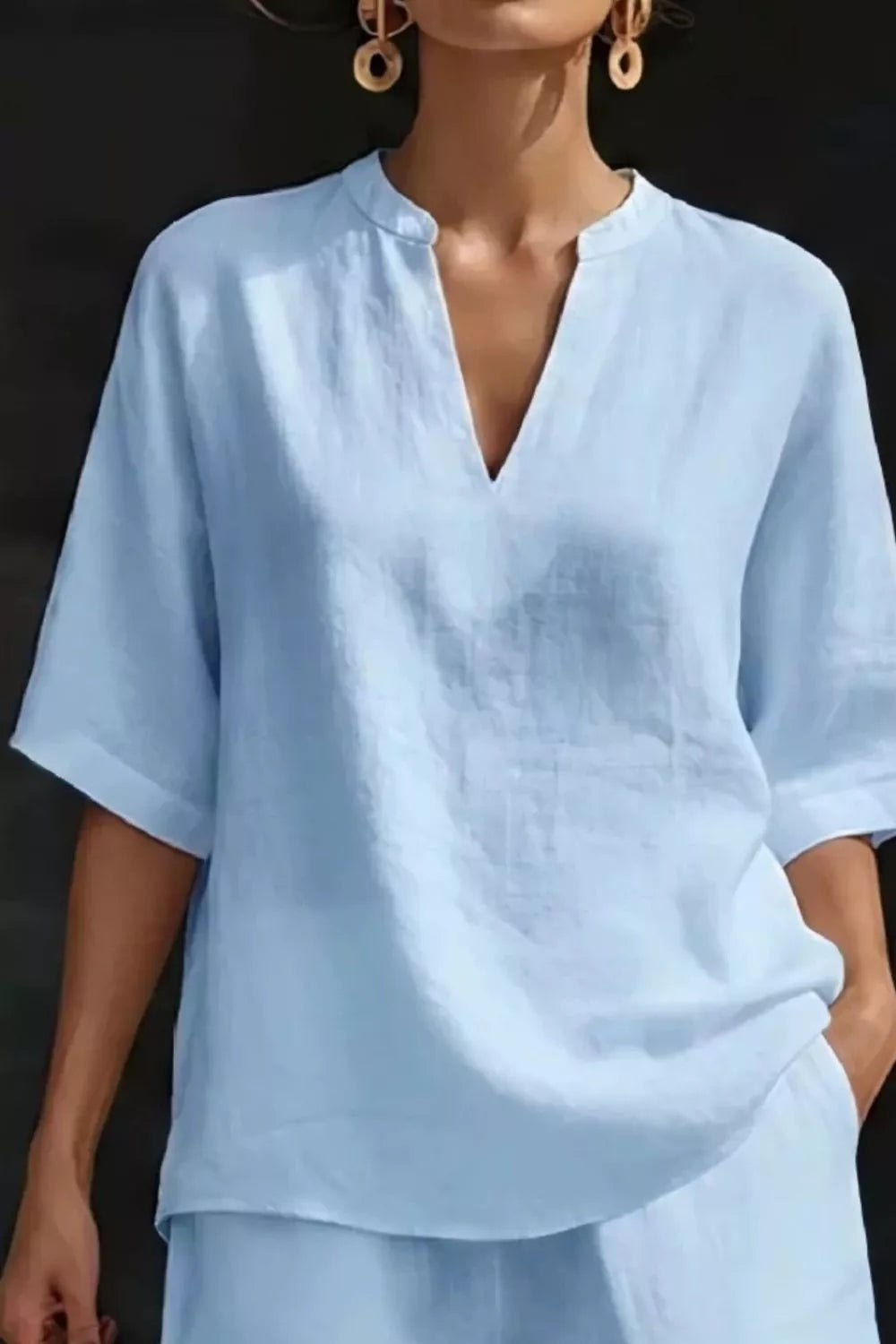 Notched Half Sleeve Top and Shorts Set