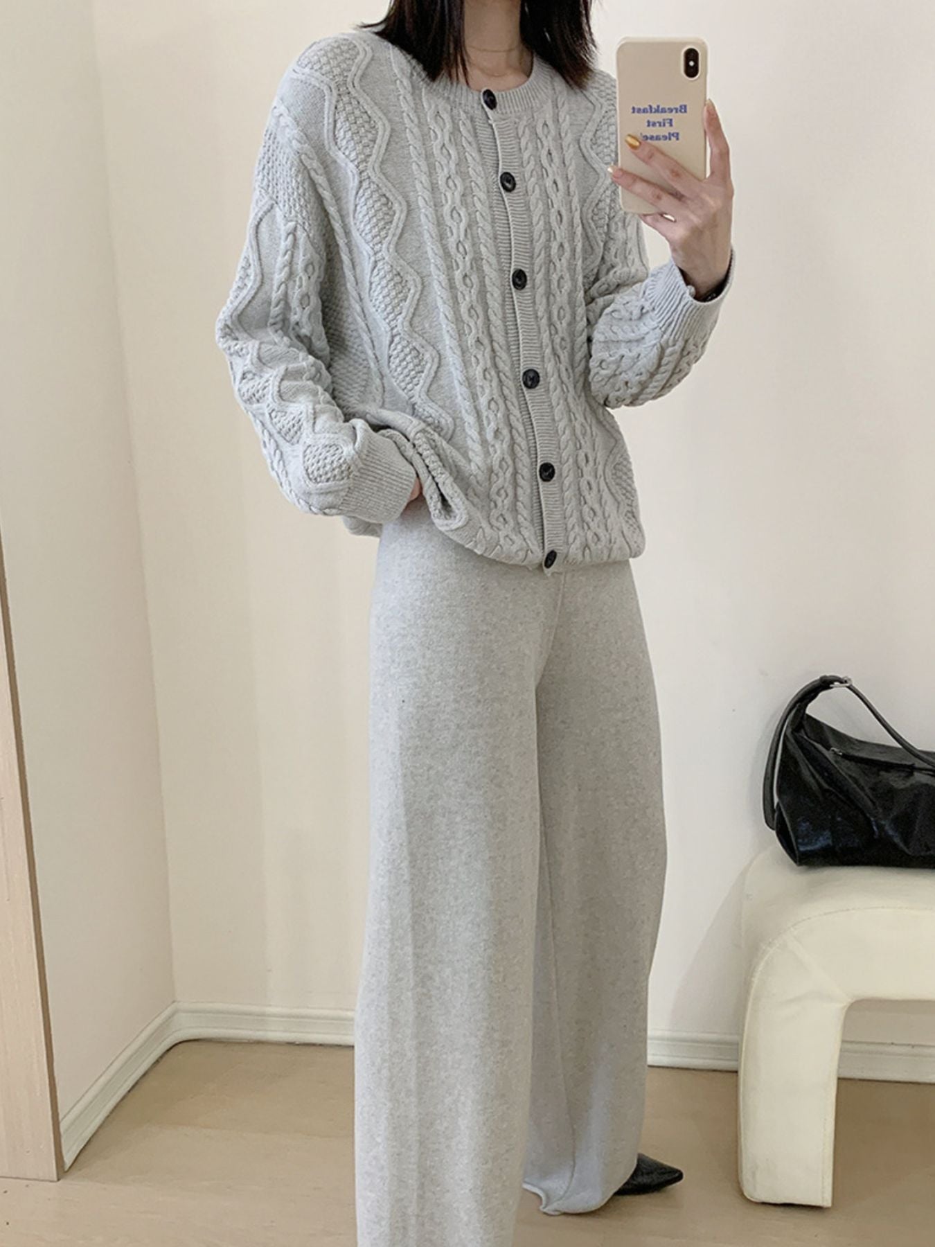 Cable Knit Cardigan & Wide Leg Pants Sweater Set