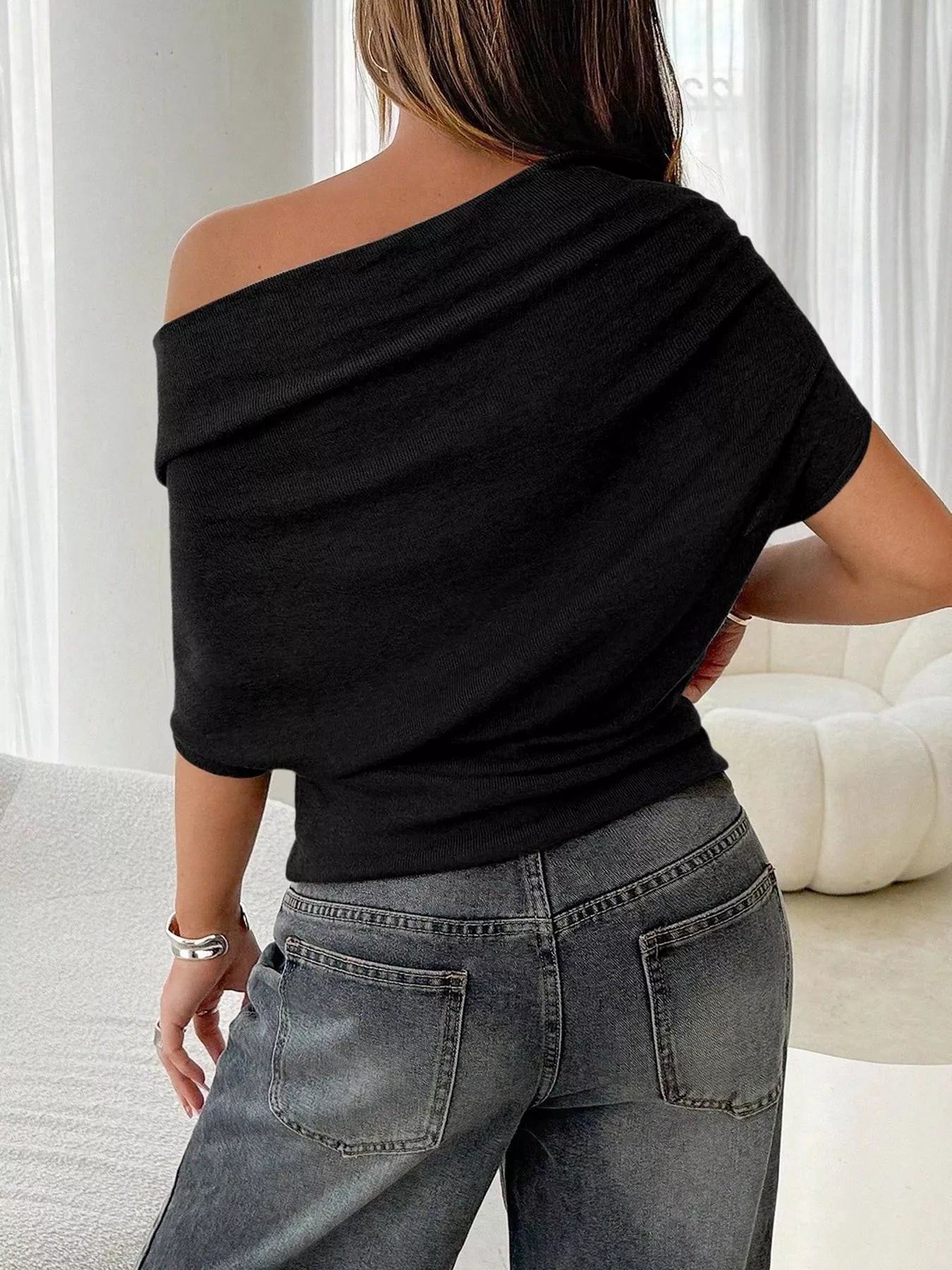 Off-Shoulder Ruched Knit T-Shirt
