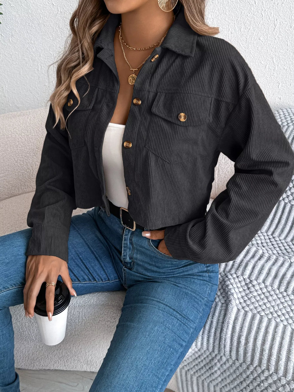Corduroy Button-Up Dropped Shoulder Jacket