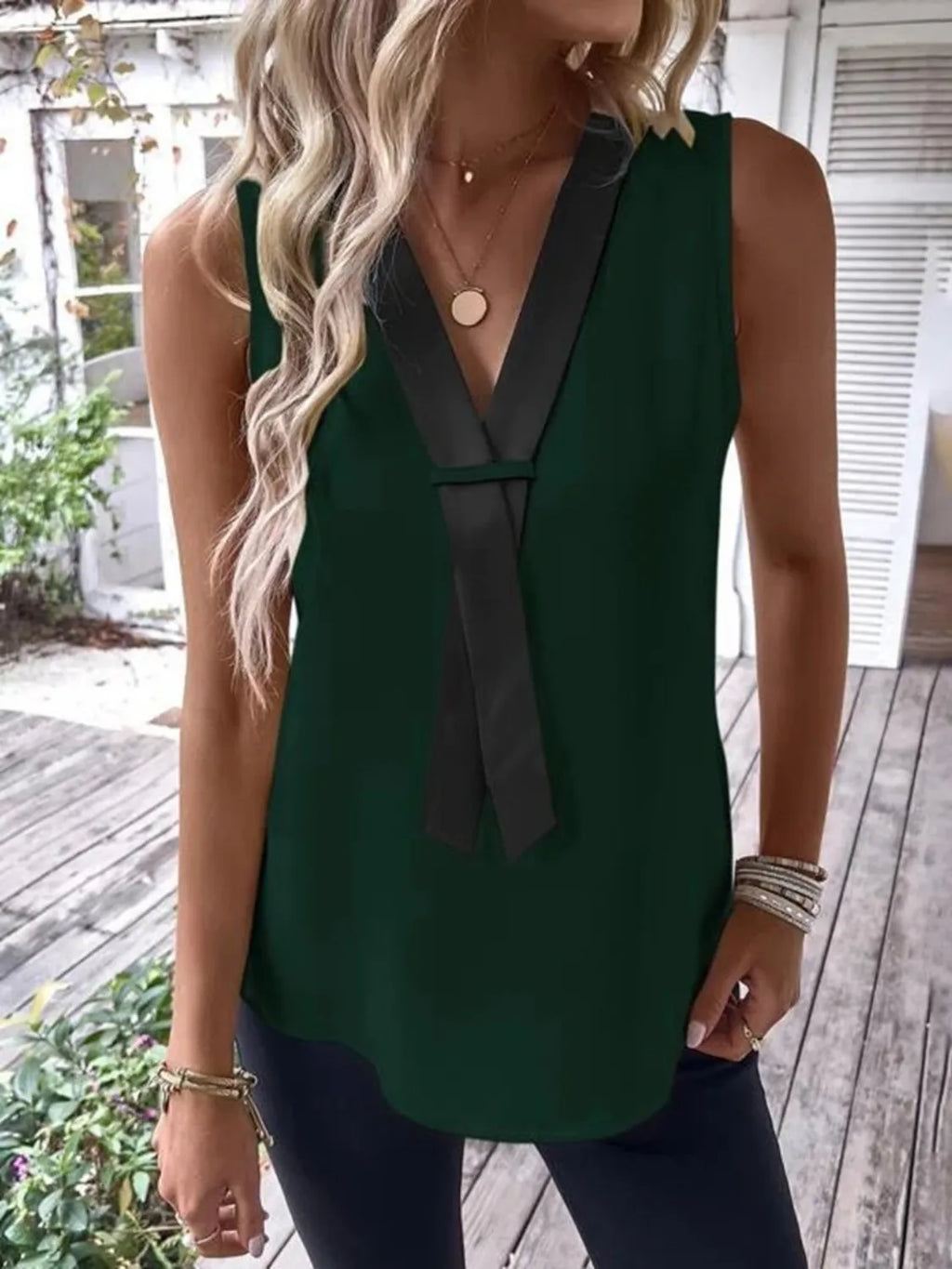 Full Size  V-Neck Contrast Tank Plus Size
