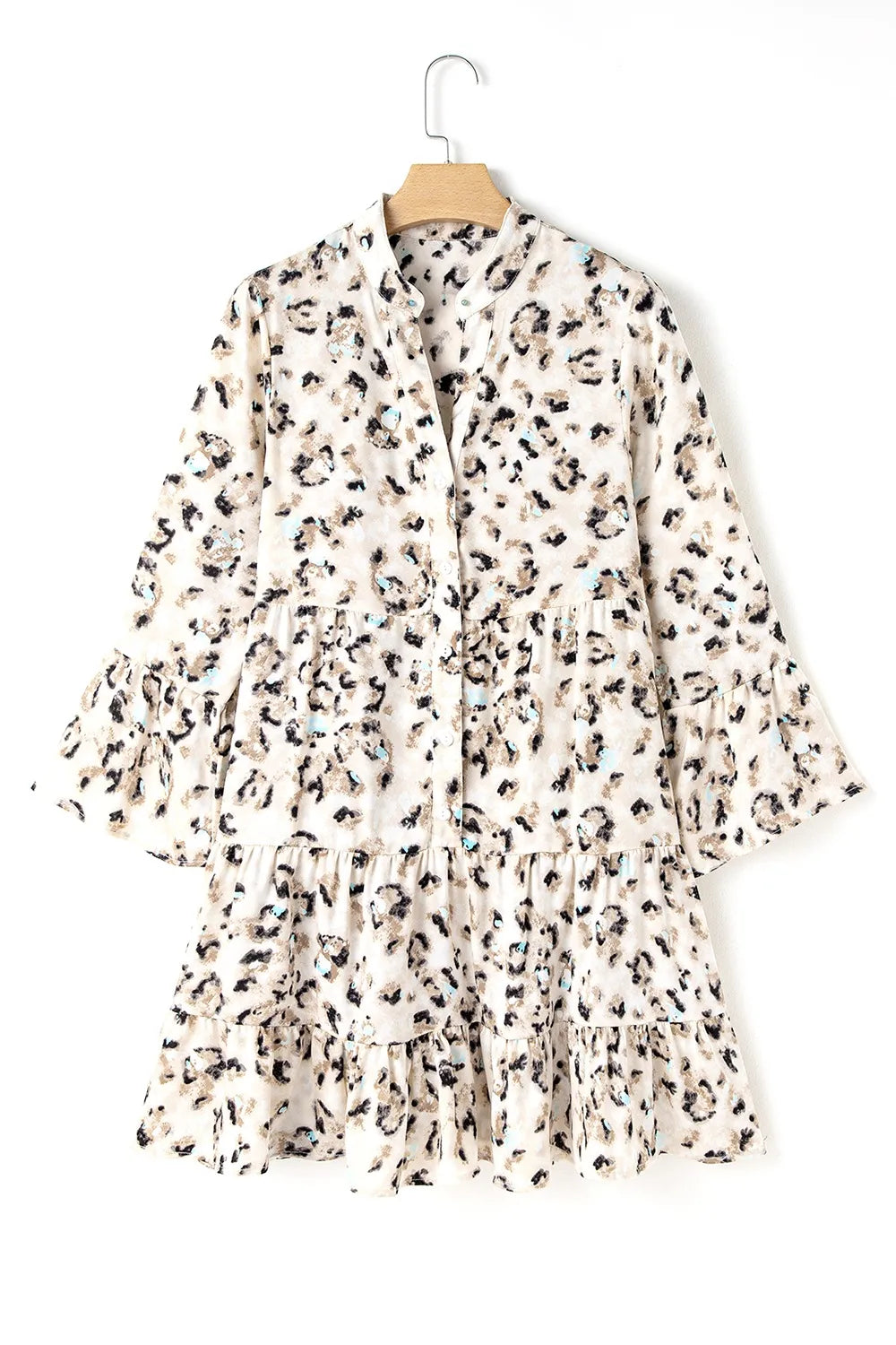 Leopard Print Buttoned Front 3/4 Sleeve Tiered Ruffled Hem Dress
