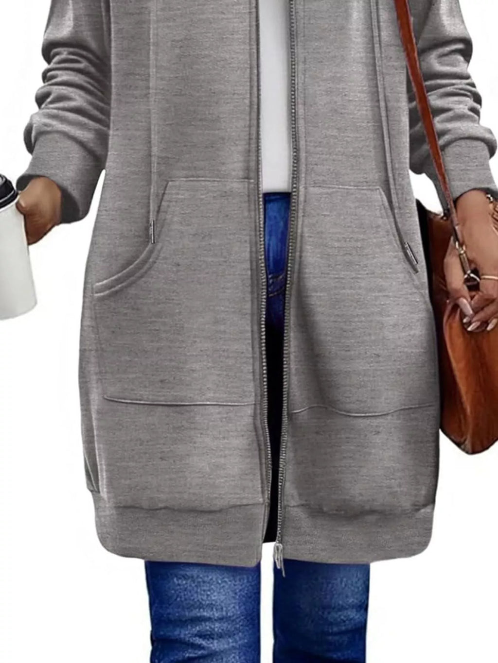 Casual Longline Zip-Up Hooded Outerwear