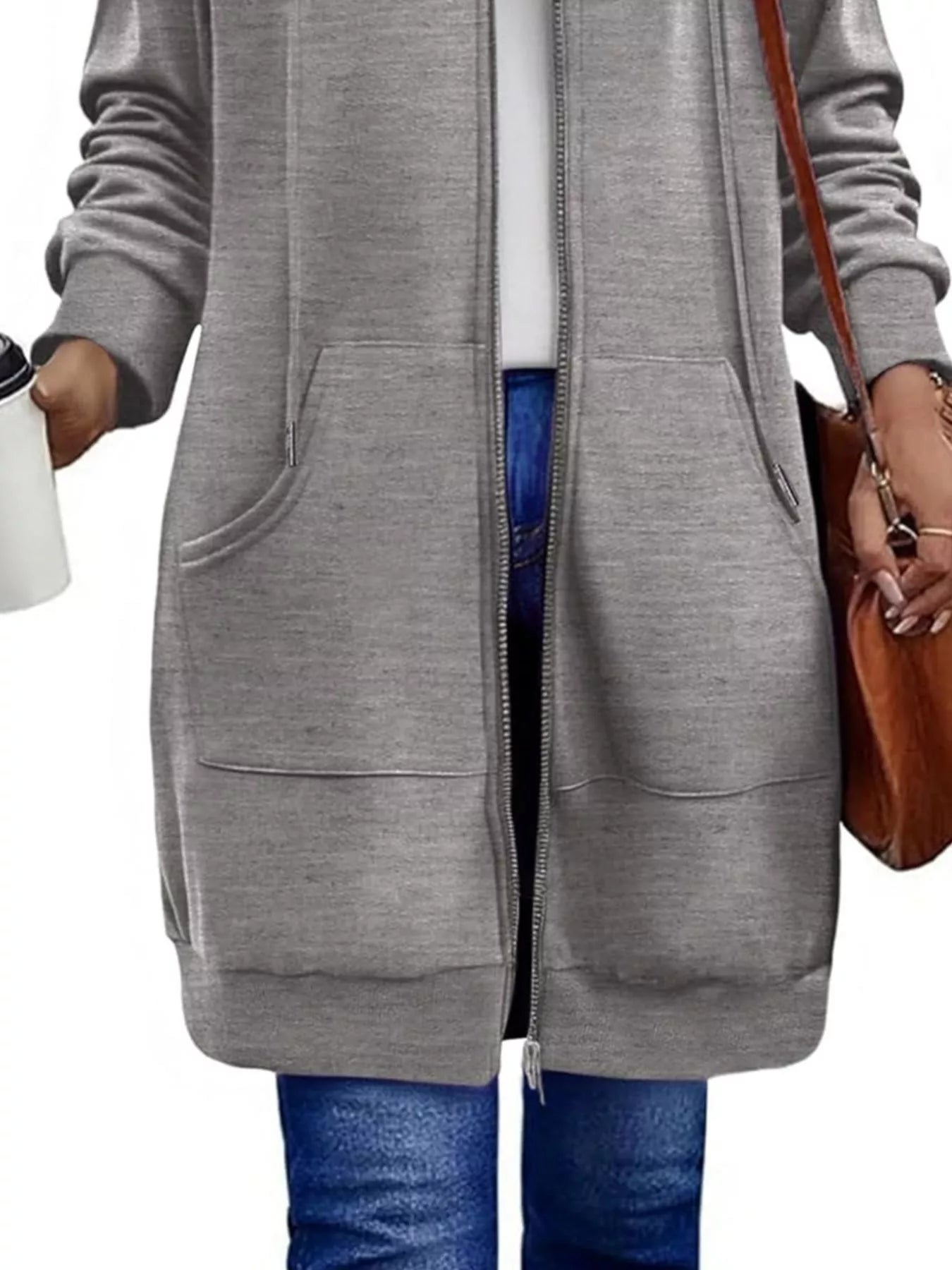 Casual Longline Zip-Up Hooded Outerwear