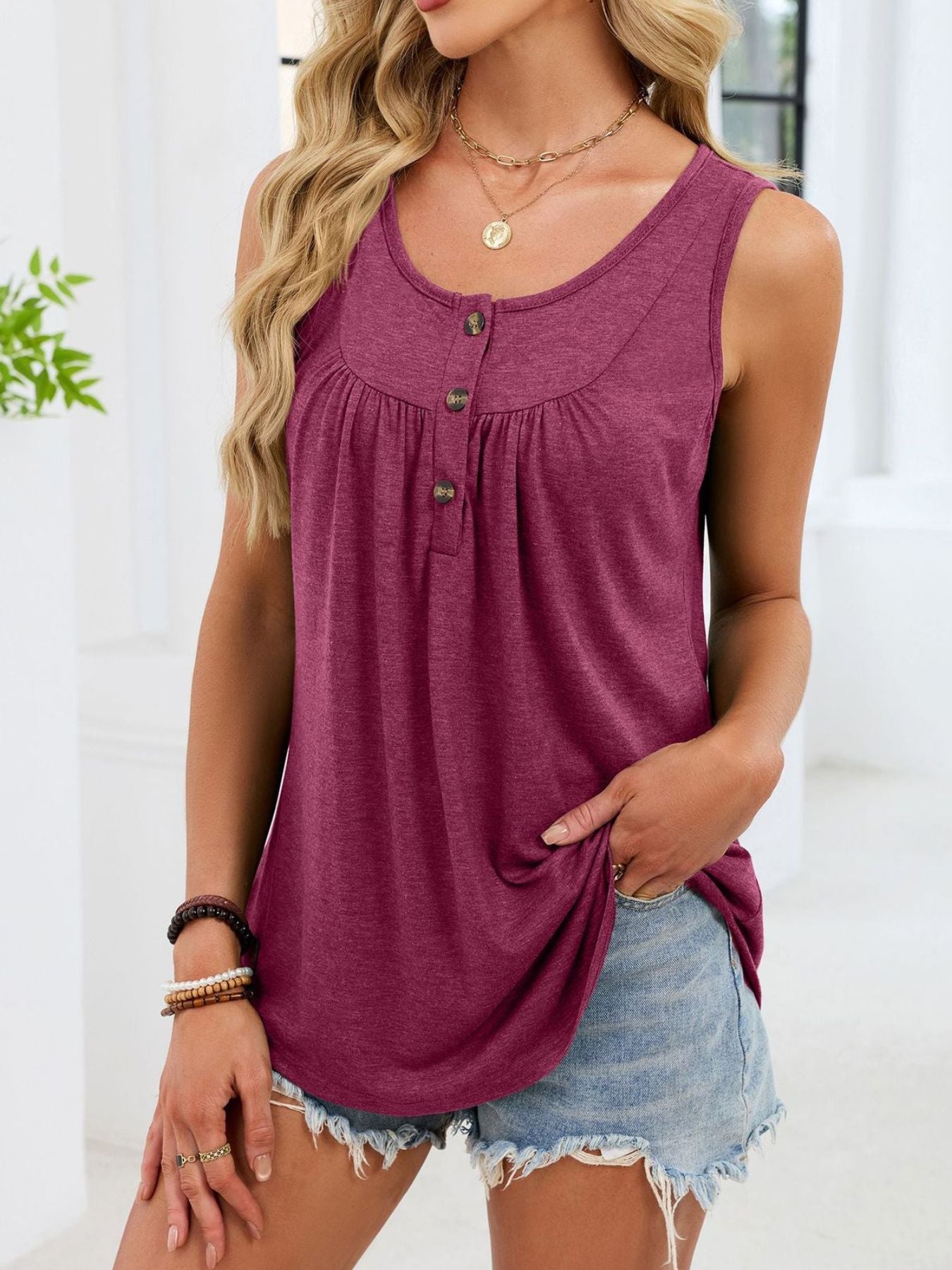 Button Detail Round Neck Tank