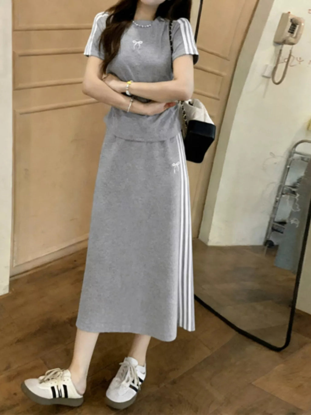 Striped Round Neck Tee and Skirt Set