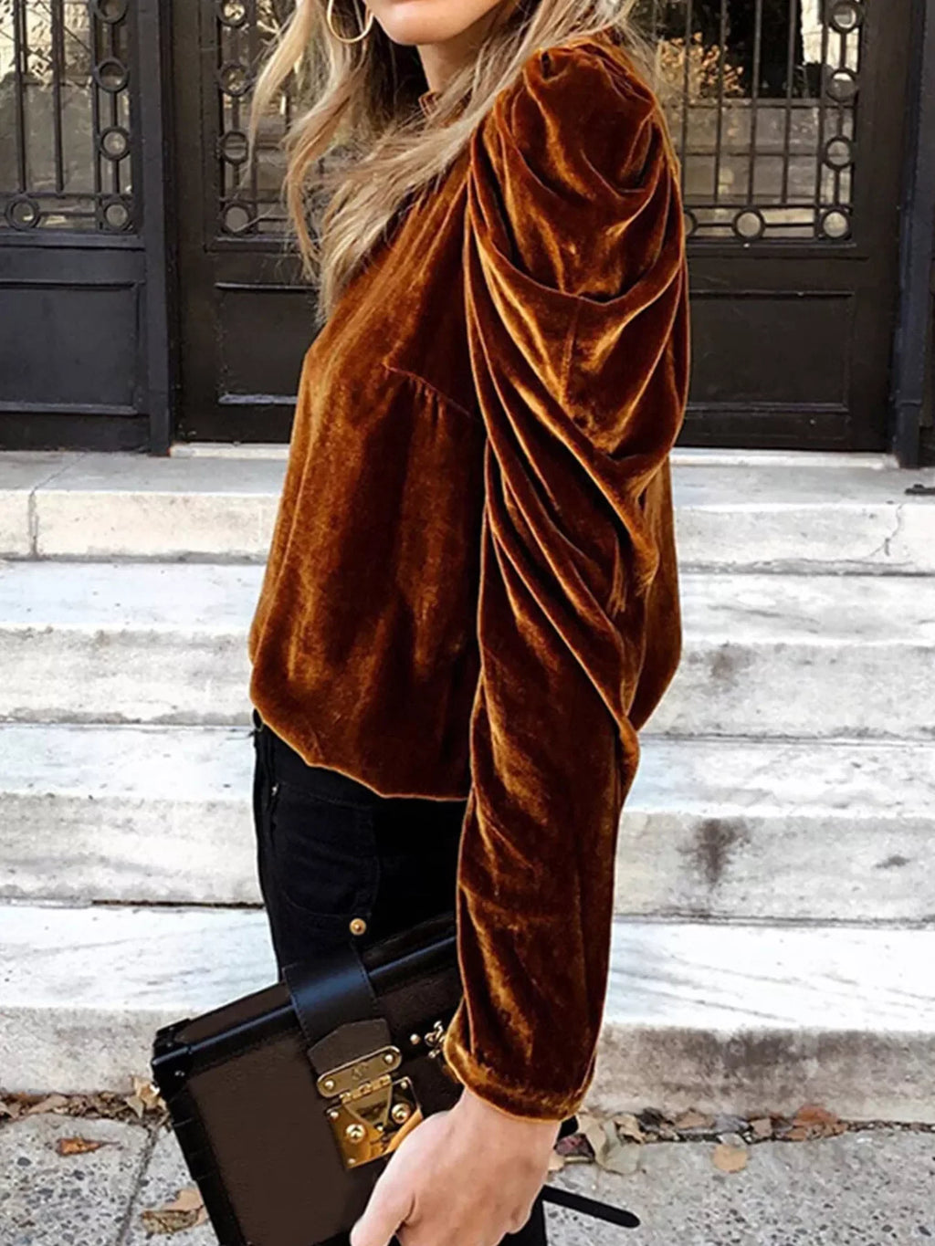 Velvet Mock Neck Long Sleeve Blouse