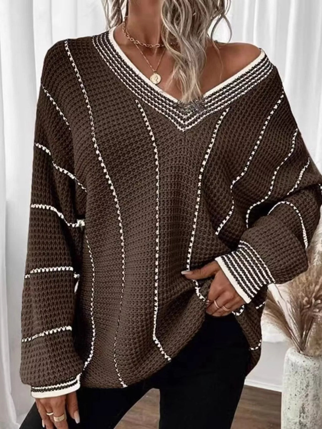 Full Size V-Neck Textured Knit Sweater Plus Size