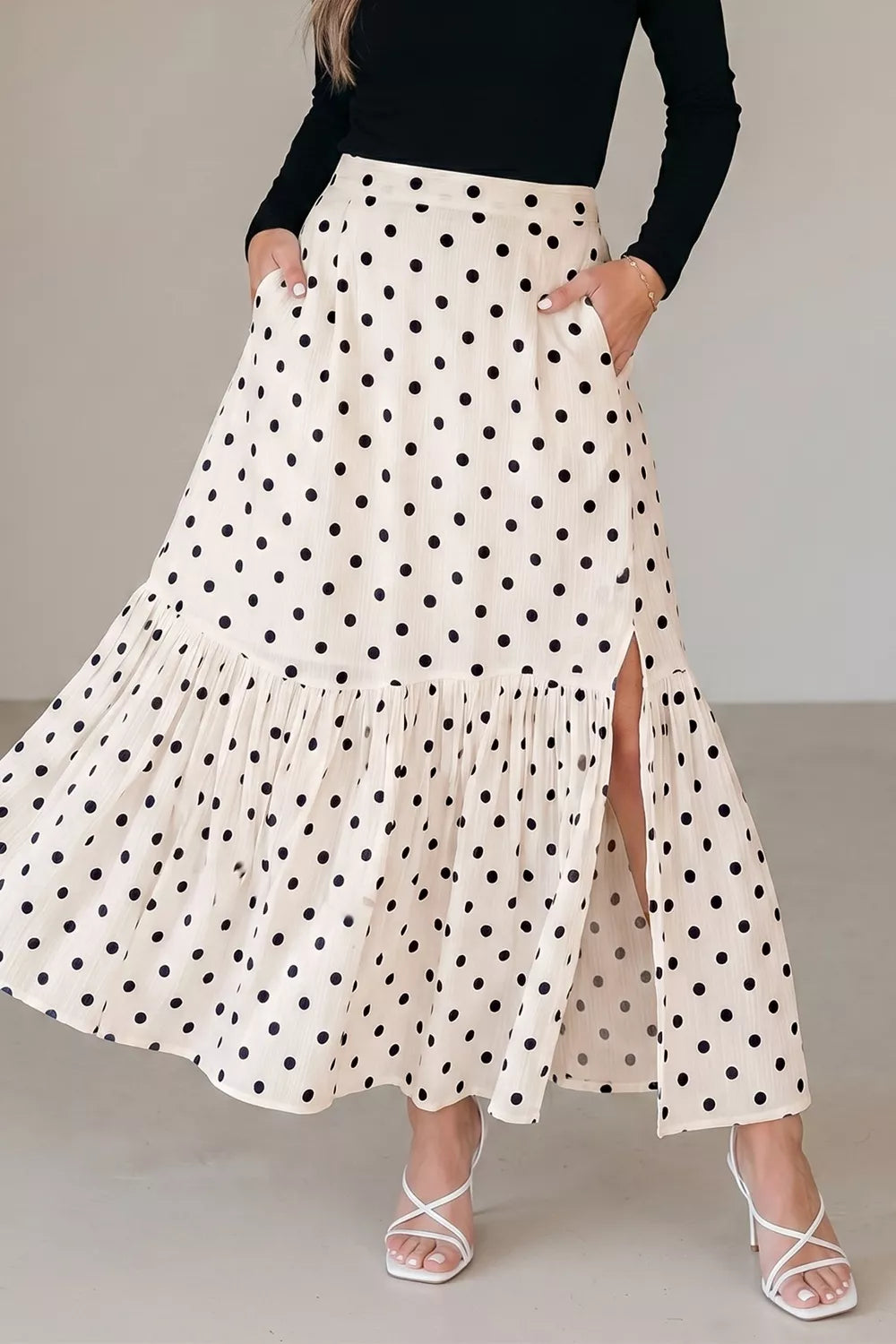 Polka Dot Ruffled Slit Maxi Skirt