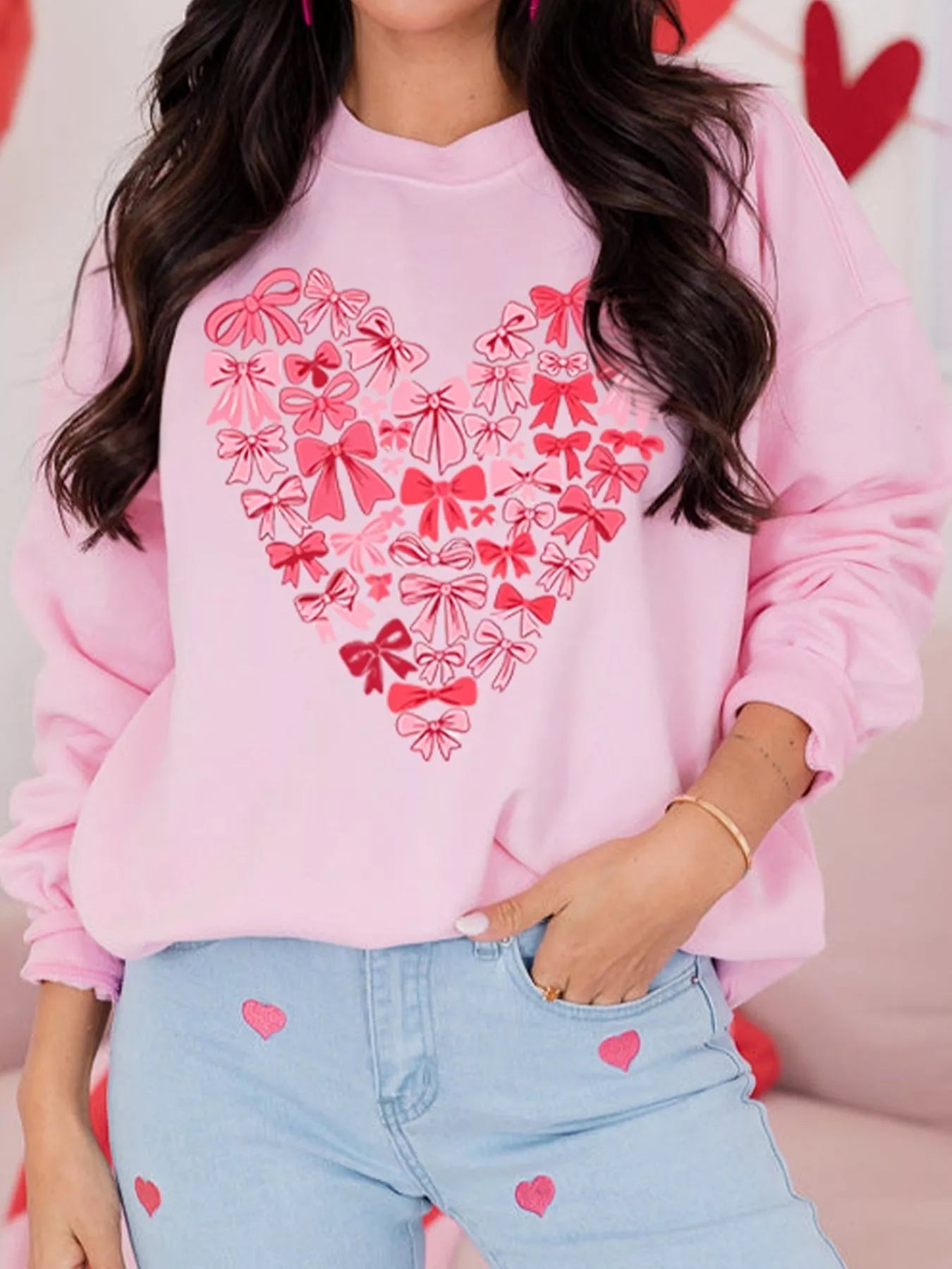 Bow Printed Big Heart Valentines Day Pullover Sweatshirt