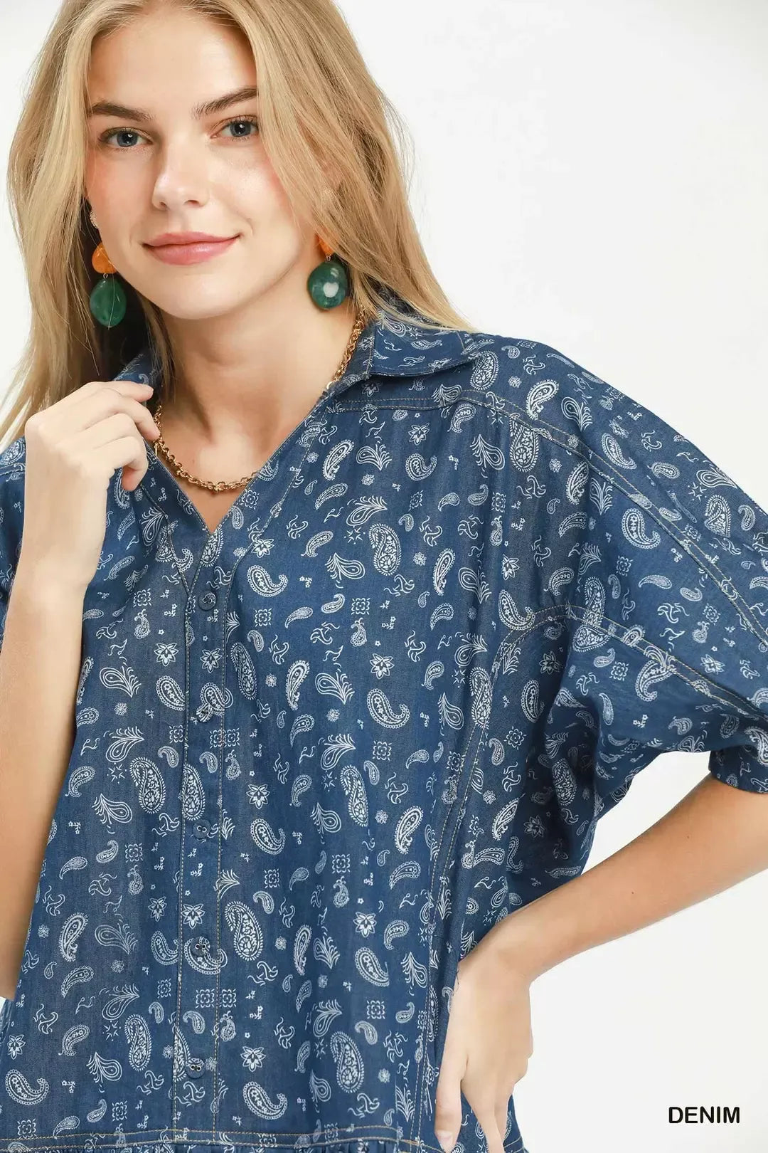 Umgee Paisley Print Chambray Top
