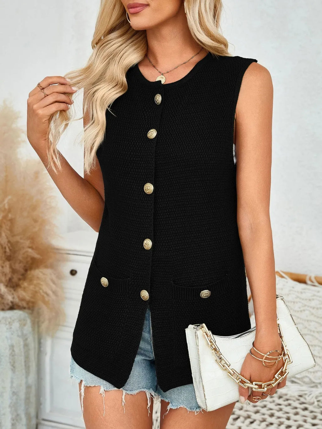 Button Down Round Neck Knit Vest