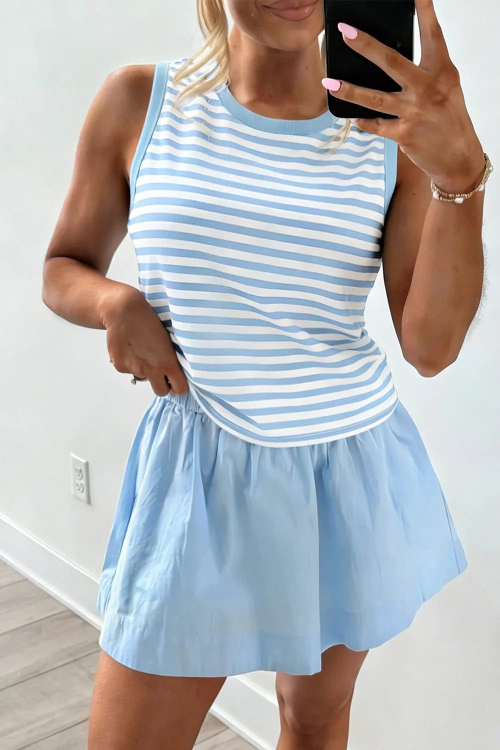 Stripe Slim Tank Contrast Ruffle Mini Skort Set