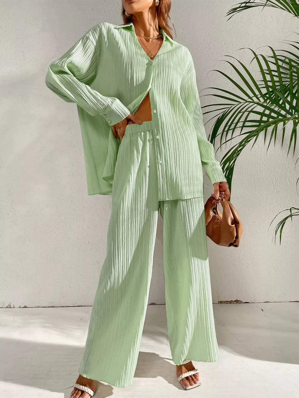 Long Sleeve Shirt & Wide Leg Pants Set