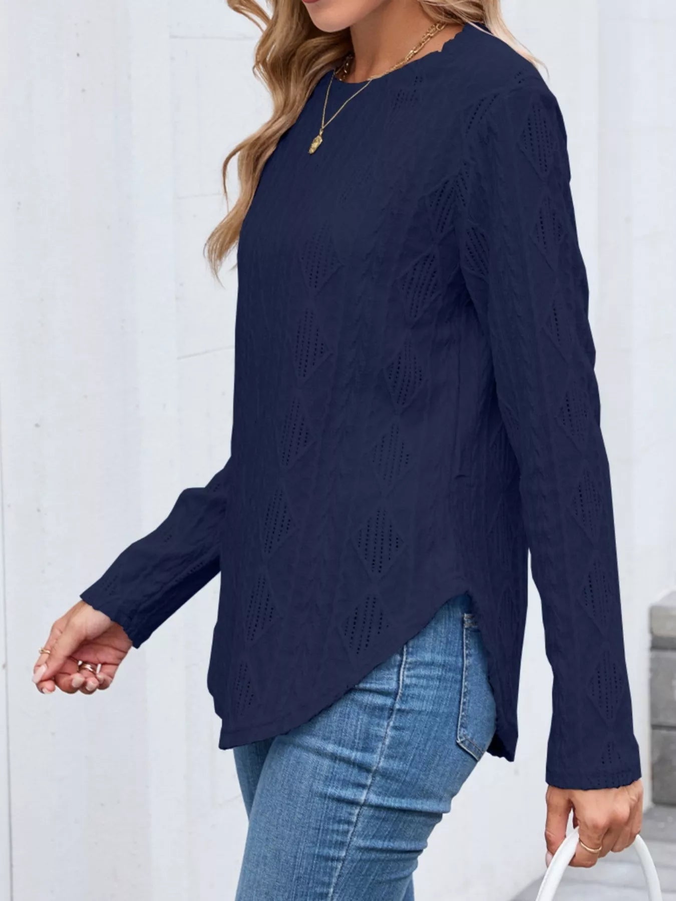 Diamond Pattern Knit Long Sleeve T-Shirt