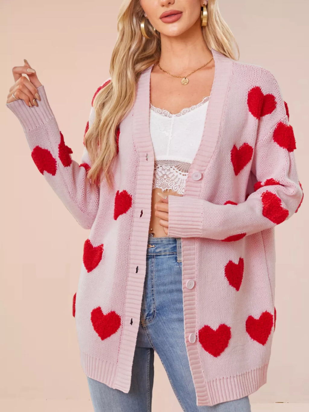 Heart Pattern Knit Button-Up Cardigan