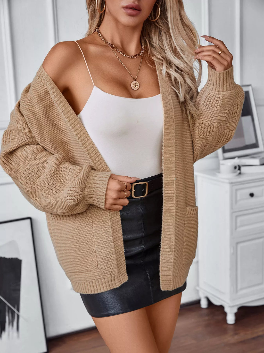 Textured Knit Open Front Cardigan