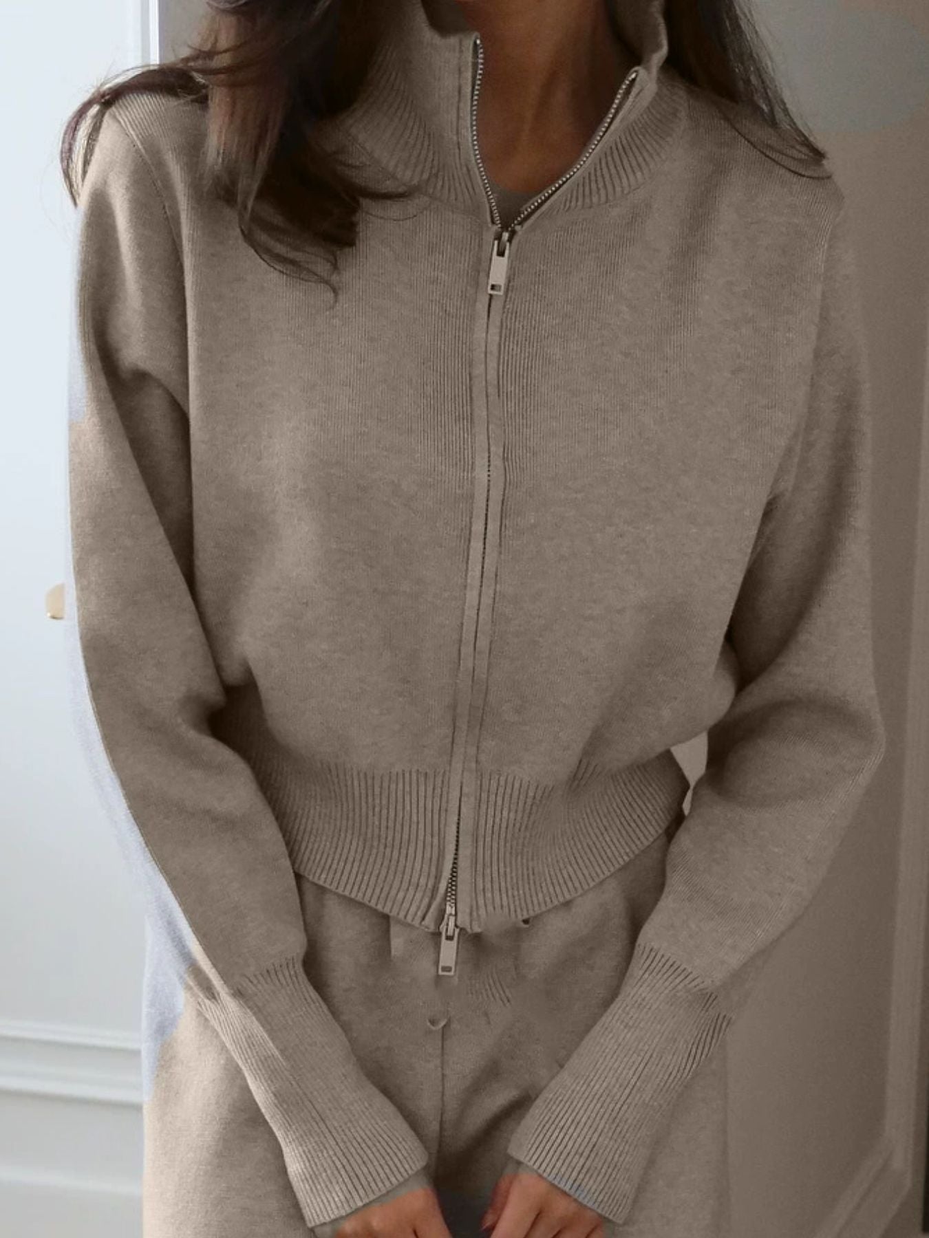 Zip Up Outerwear and Wide Leg Pants Set