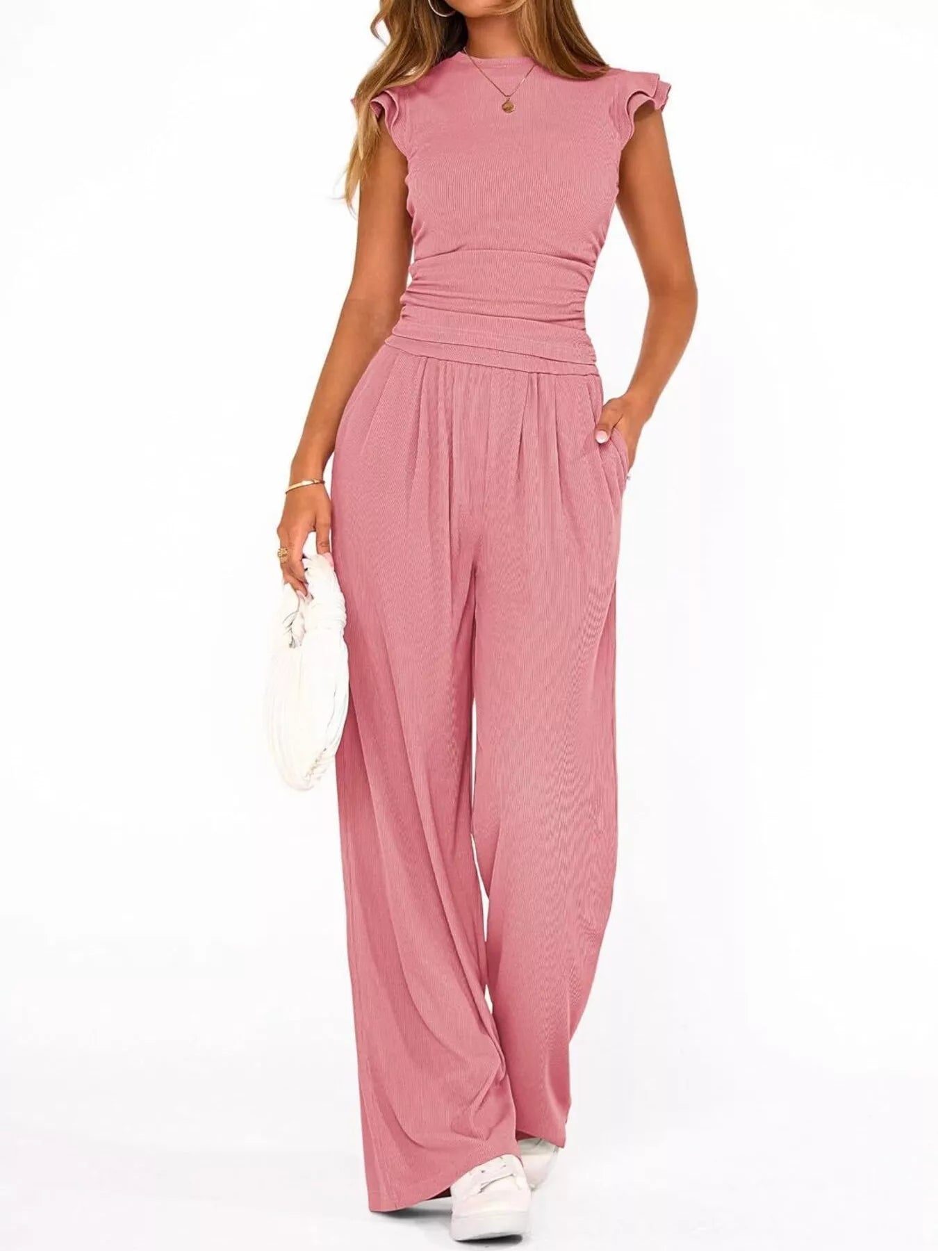 Ruffled Mock Neck Top and Wide Leg Pants Set