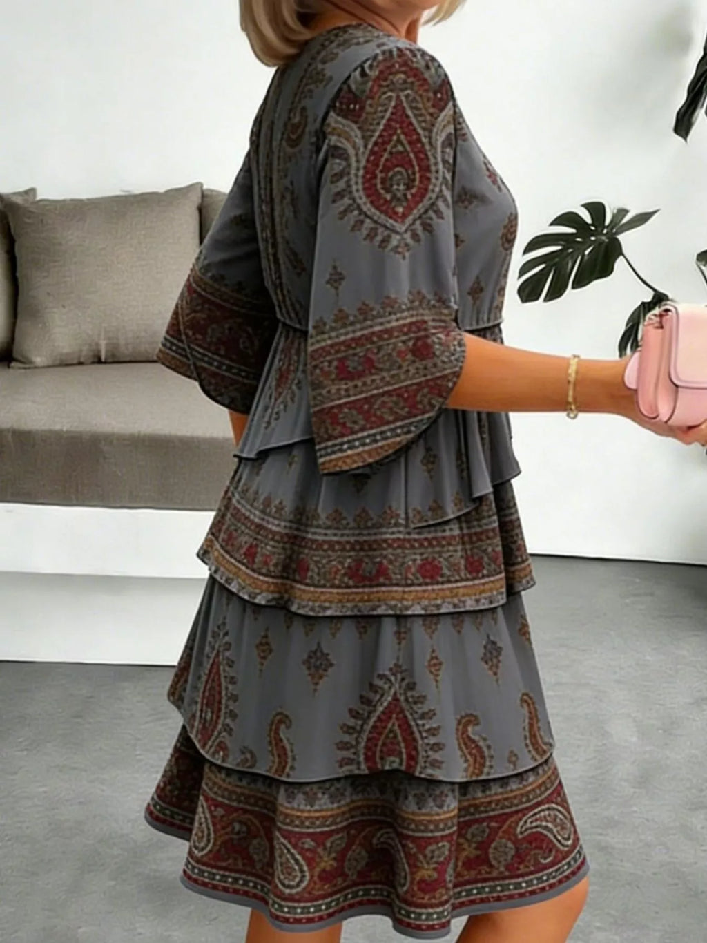 Full Size Paisley Print Layered Ruffle Mini Dress Plus Size
