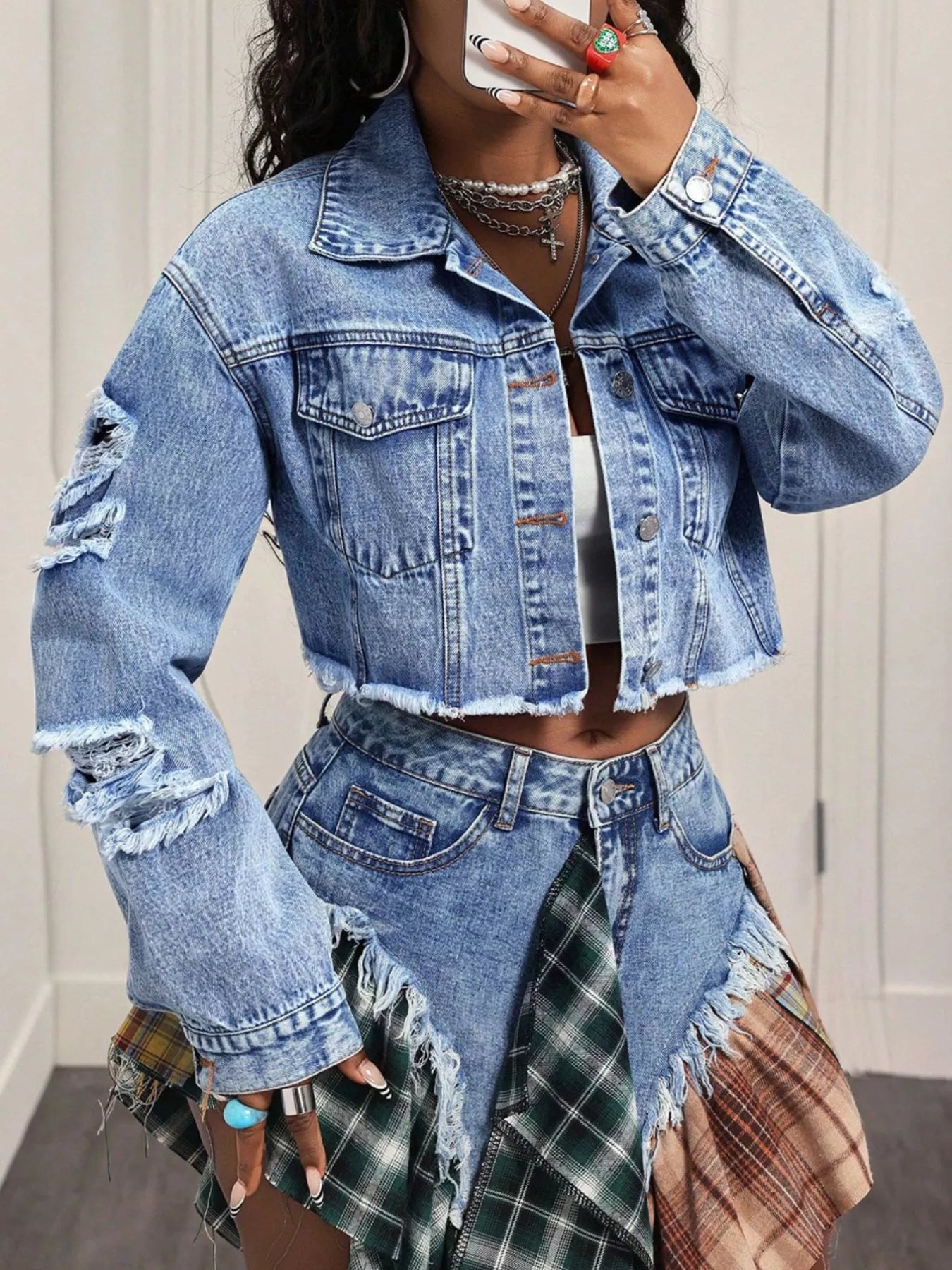 Distressed Cropped Denim Jacket