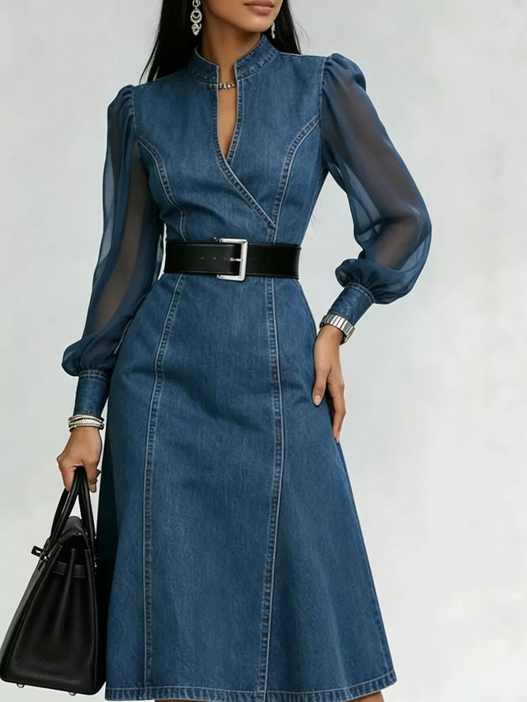 Denim Midi Dress with Sheer Sleeves