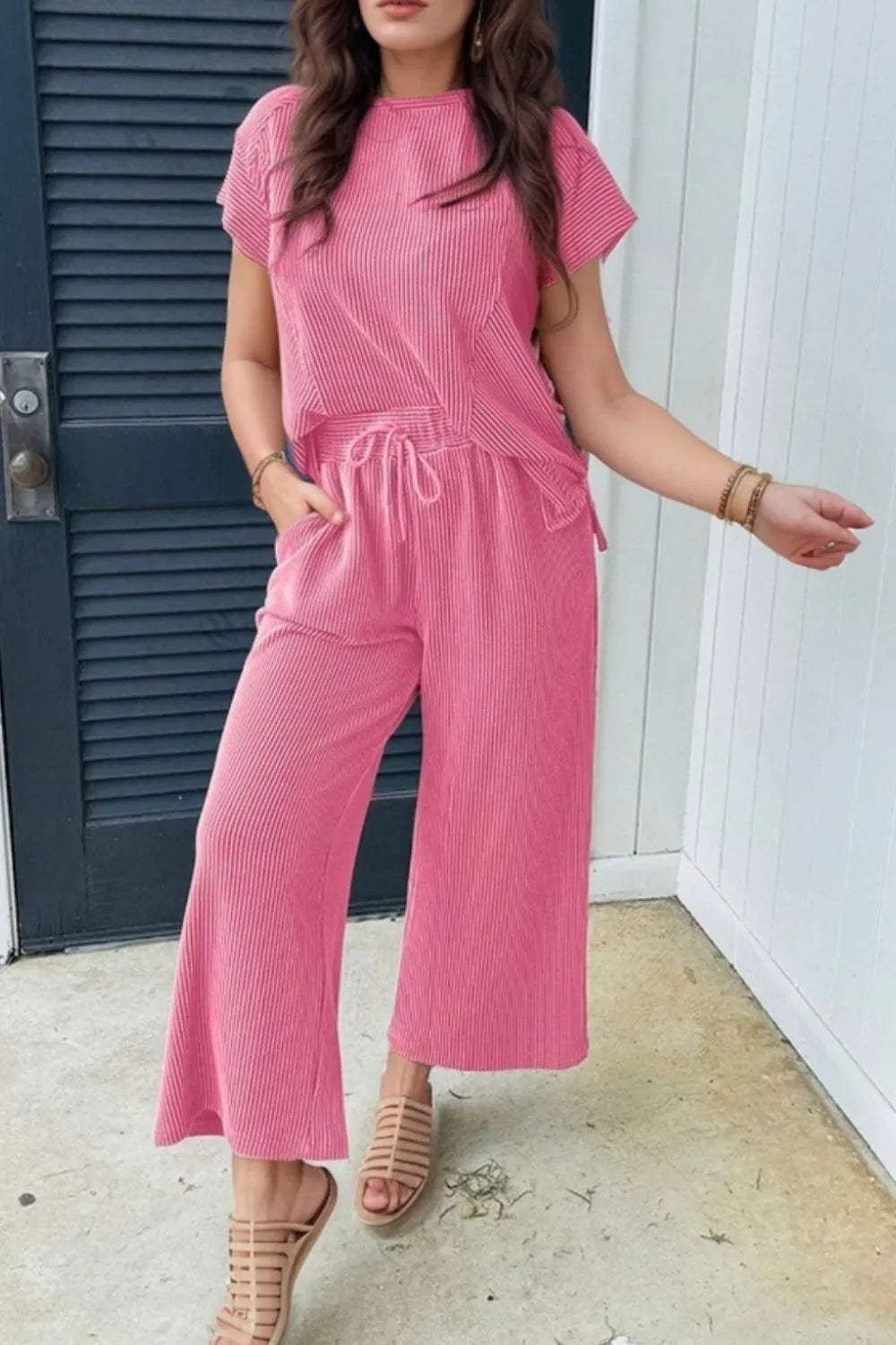 Corded Knit Short Sleeve T-Shirt and Wide Leg Pants Set