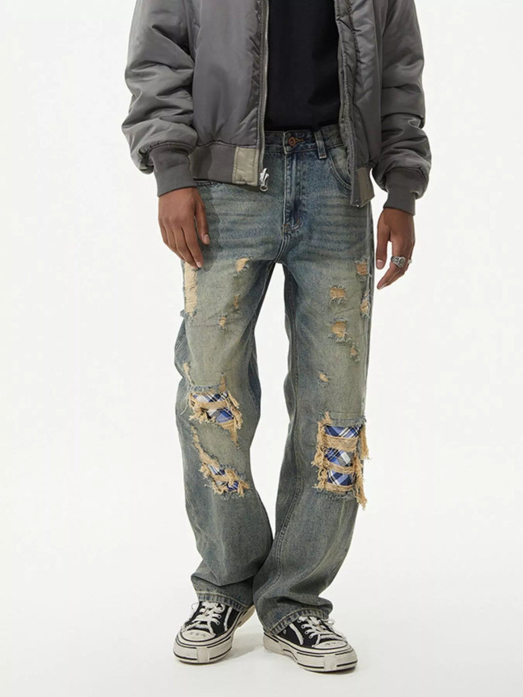 Men's Distressed Plaid Patch Wide Leg Jeans