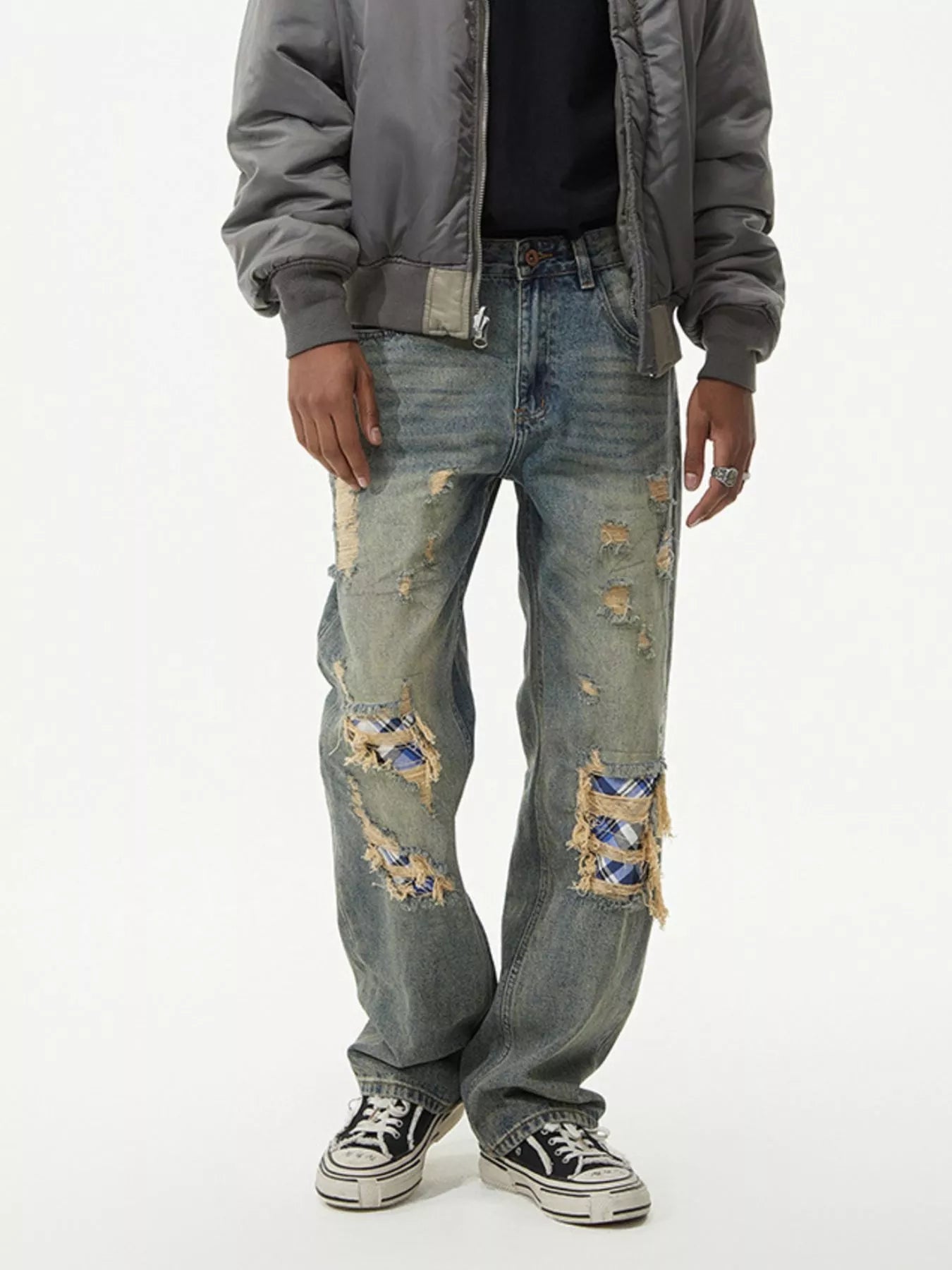 Men's Distressed Plaid Patch Wide Leg Jeans